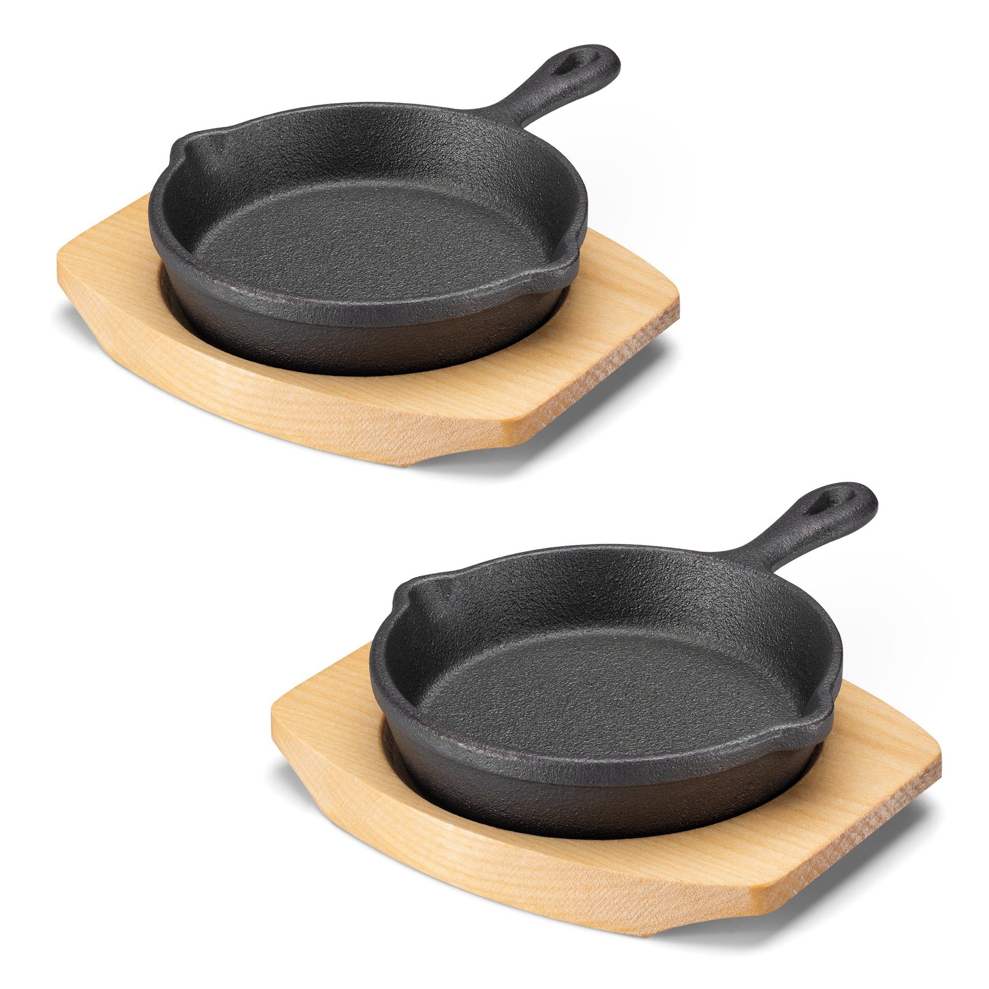 Bratpfanne 2x Gusseisenpfanne klein mit Holzstand - Servierpfanne aus Gusseisen