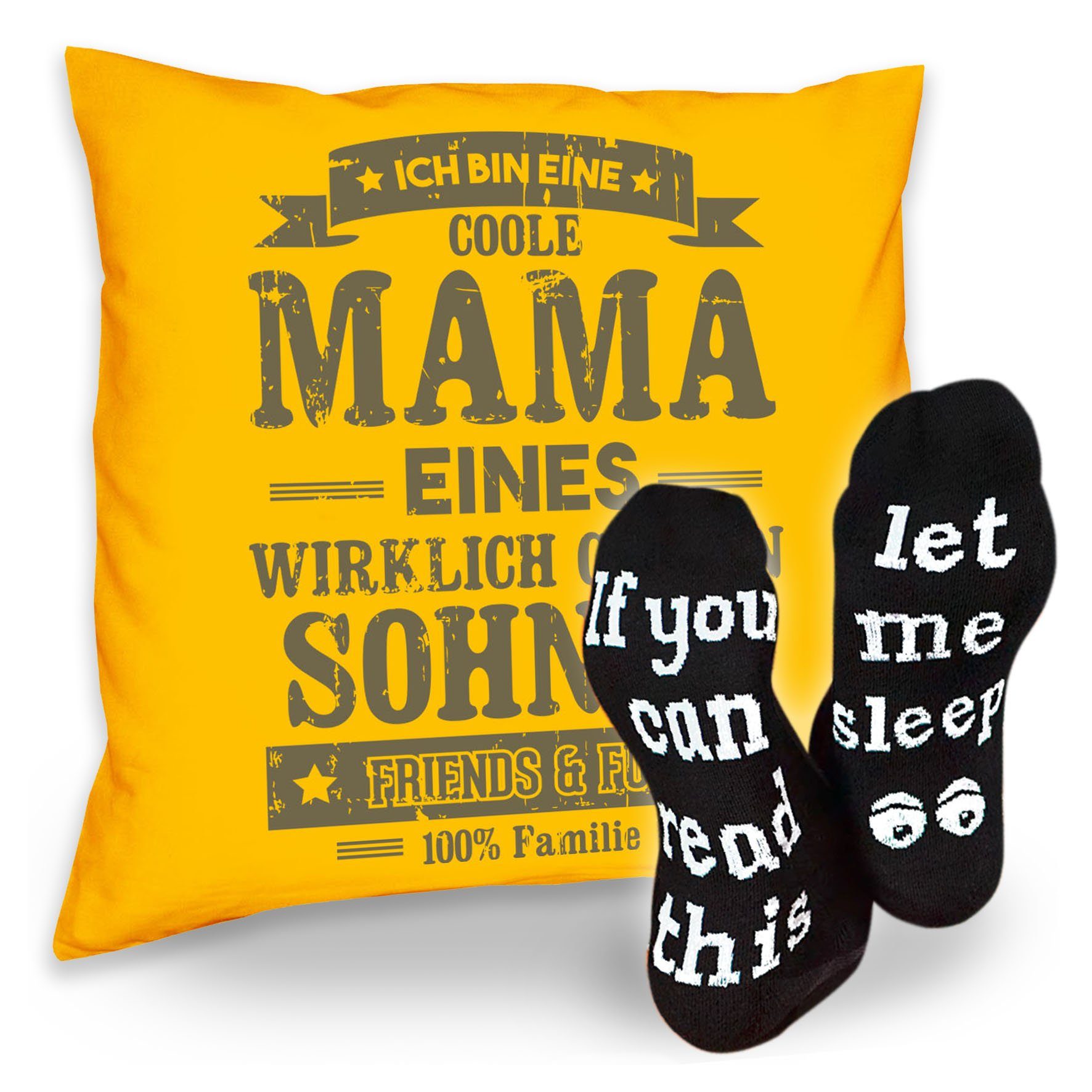 Soreso® Dekokissen Kissen Coole Mama eines Sohnes & Sprüche Socken Sleep, Geschenkidee Weihnachtsgeschenk gelb