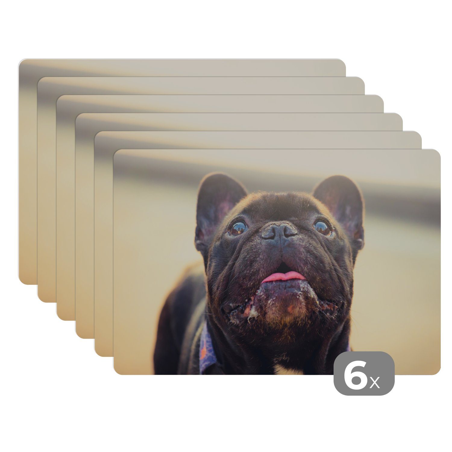 Platzset, Französische Bulldogge - Schwarz - Sonne, MuchoWow, (6-St), Platzset, Platzdecken, Platzmatte, Tischmatten, Schmutzabweisend