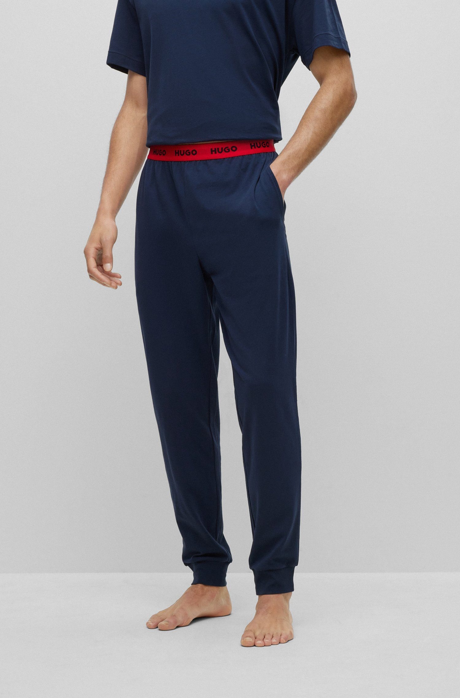 mit kontrastfarbenen Dark HUGO Logo-Elastikbund Blue405 Linked Pants Pyjamahose