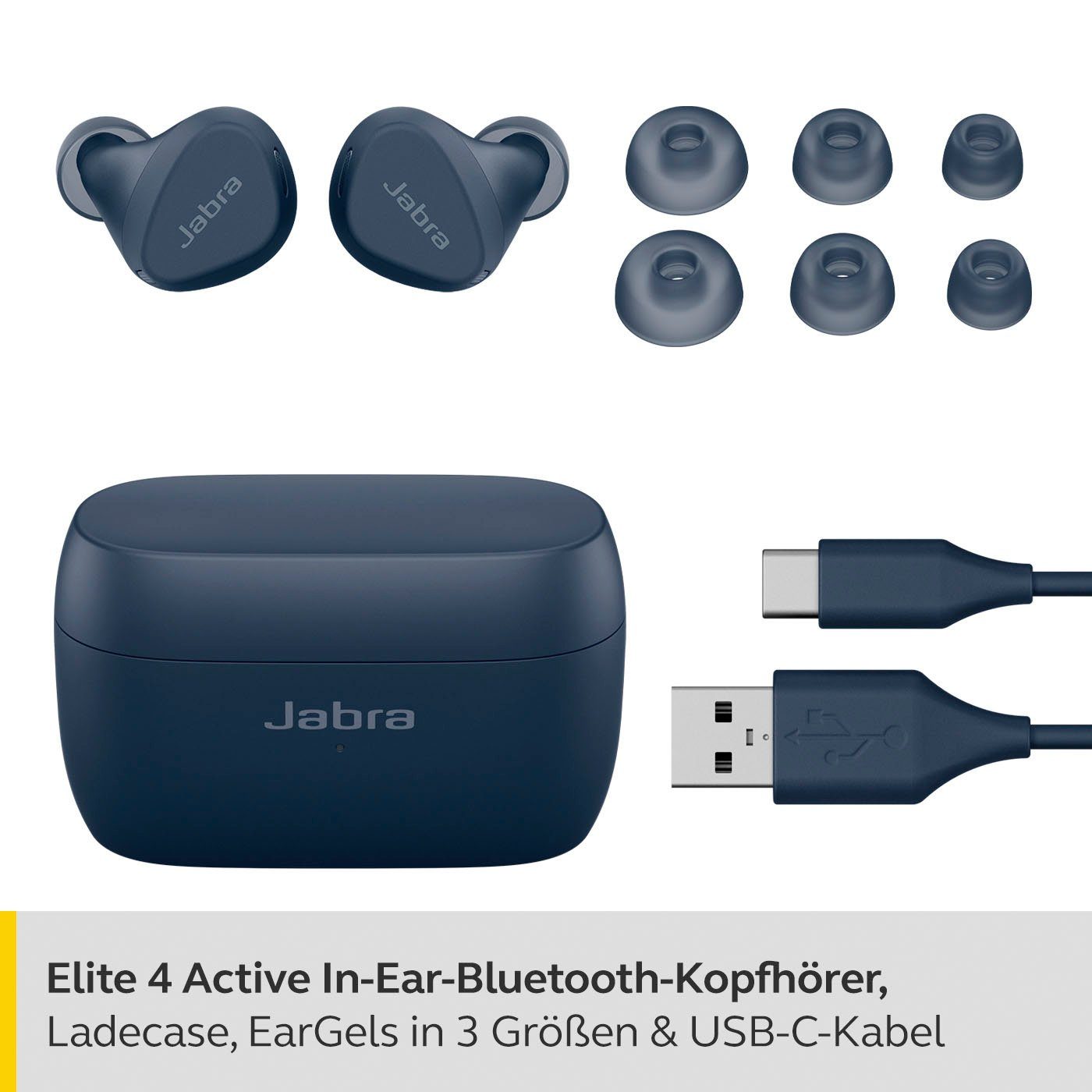 Jabra Elite 4 active Bluetooth-Kopfhörer blau Anrufe und Bluetooth) Freisprechfunktion, True integrierte Steuerung für Noise Sprachsteuerung, (ANC), Siri, Alexa, Assistant, Google (Active Cancelling Musik, Wireless
