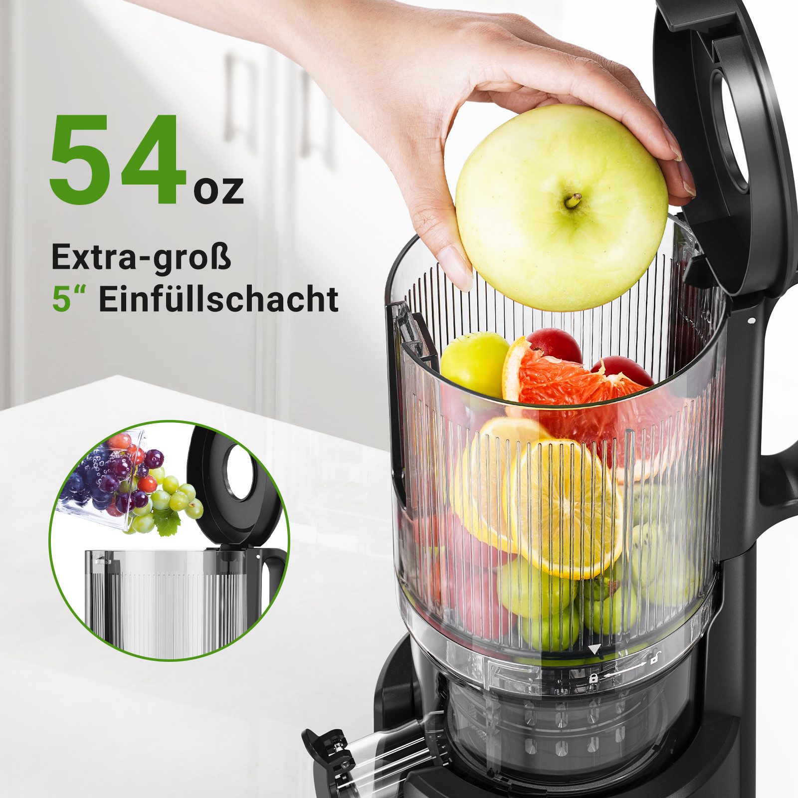 AMZCHEF Slow Juicer CE-ZM19OT07B-BK, 220 W, Slow Juicer mit 126MM Breite und mit 2 Gläsern – Bild 4 von 5