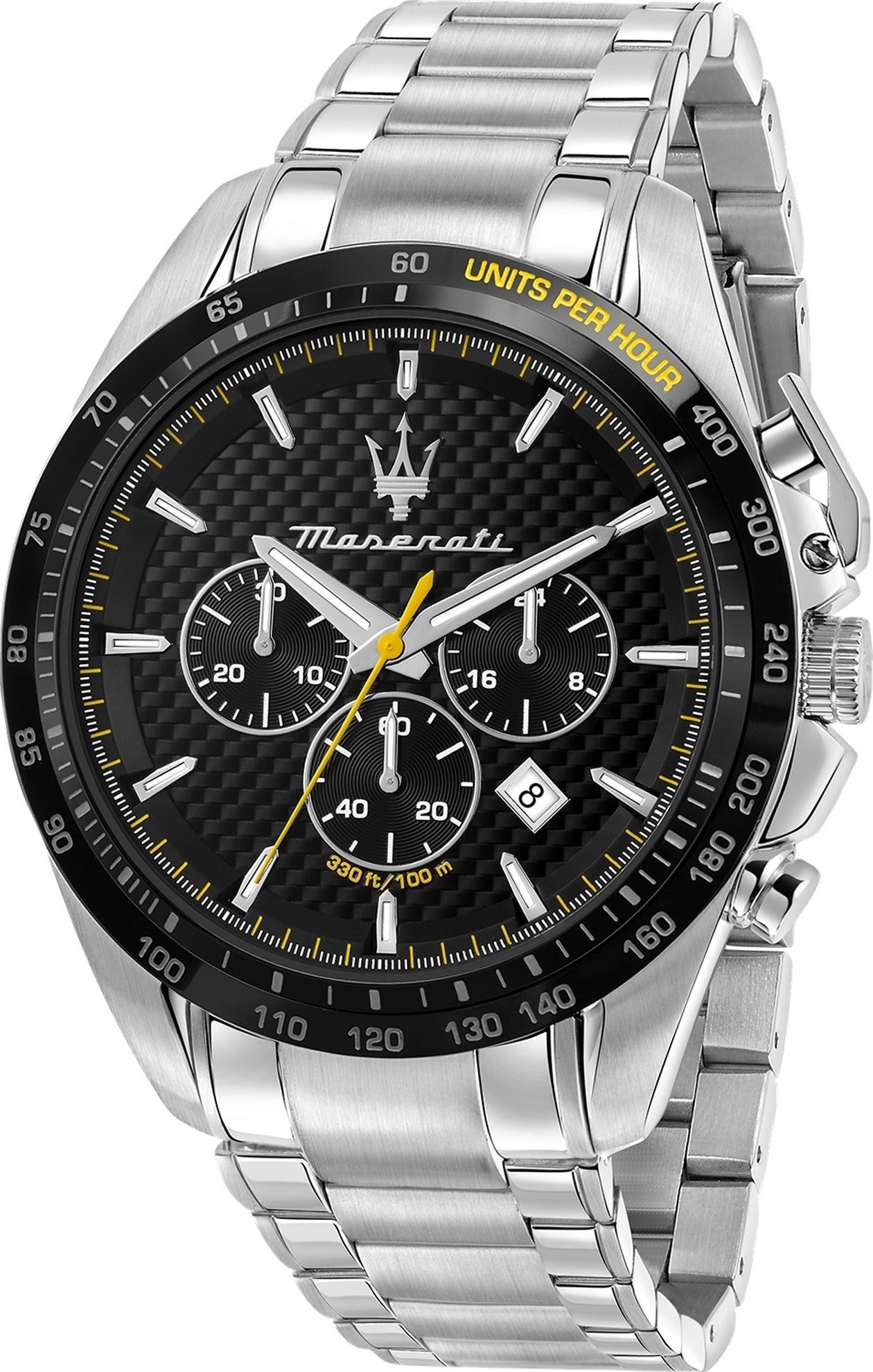 MASERATI Chronograph Maserati Herrenuhr schwarz, Made-In groß Herrenuhr rund, Edelstahlarmband, 45mm) Italy (ca. silber Chronograph