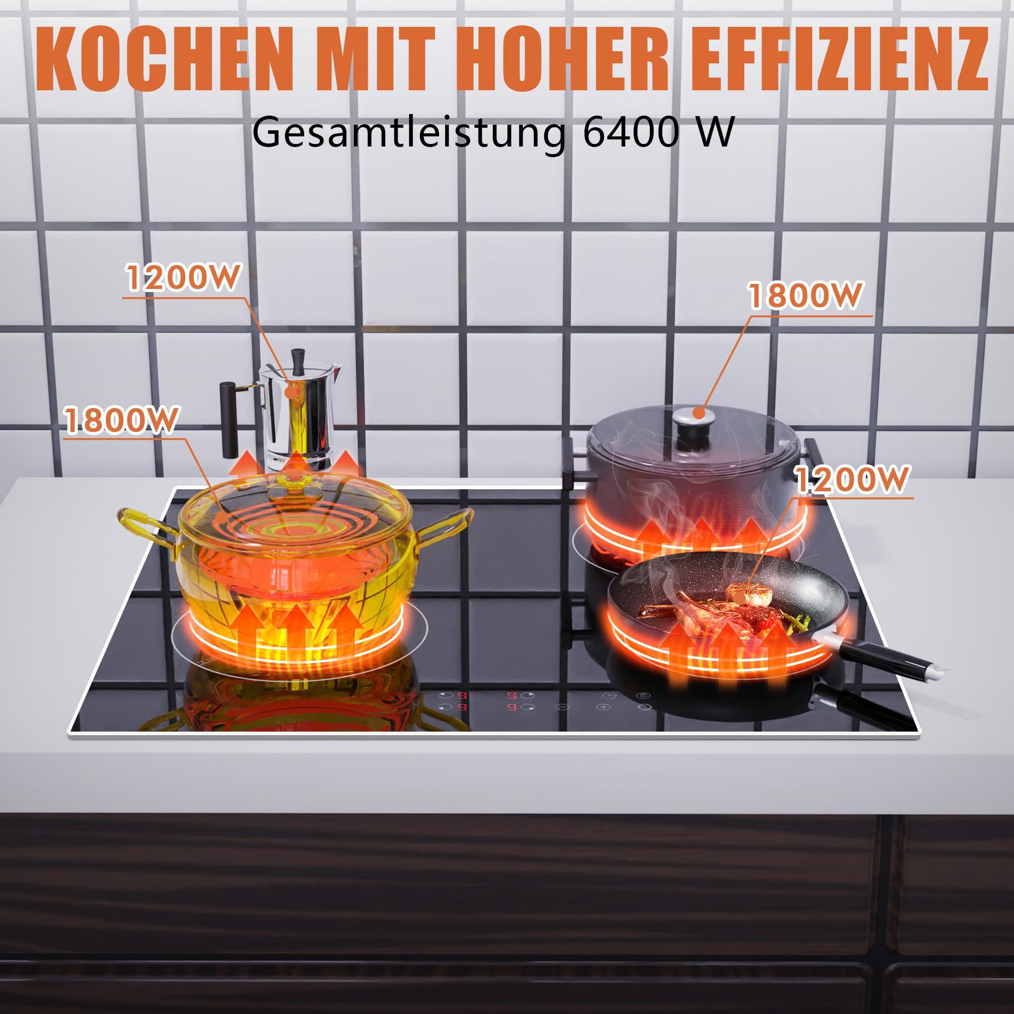 Karinear Elektro-Kochfeld Kochfeld 4 Platten 6000W, 240V, Kein Stecker, mit Rahmen