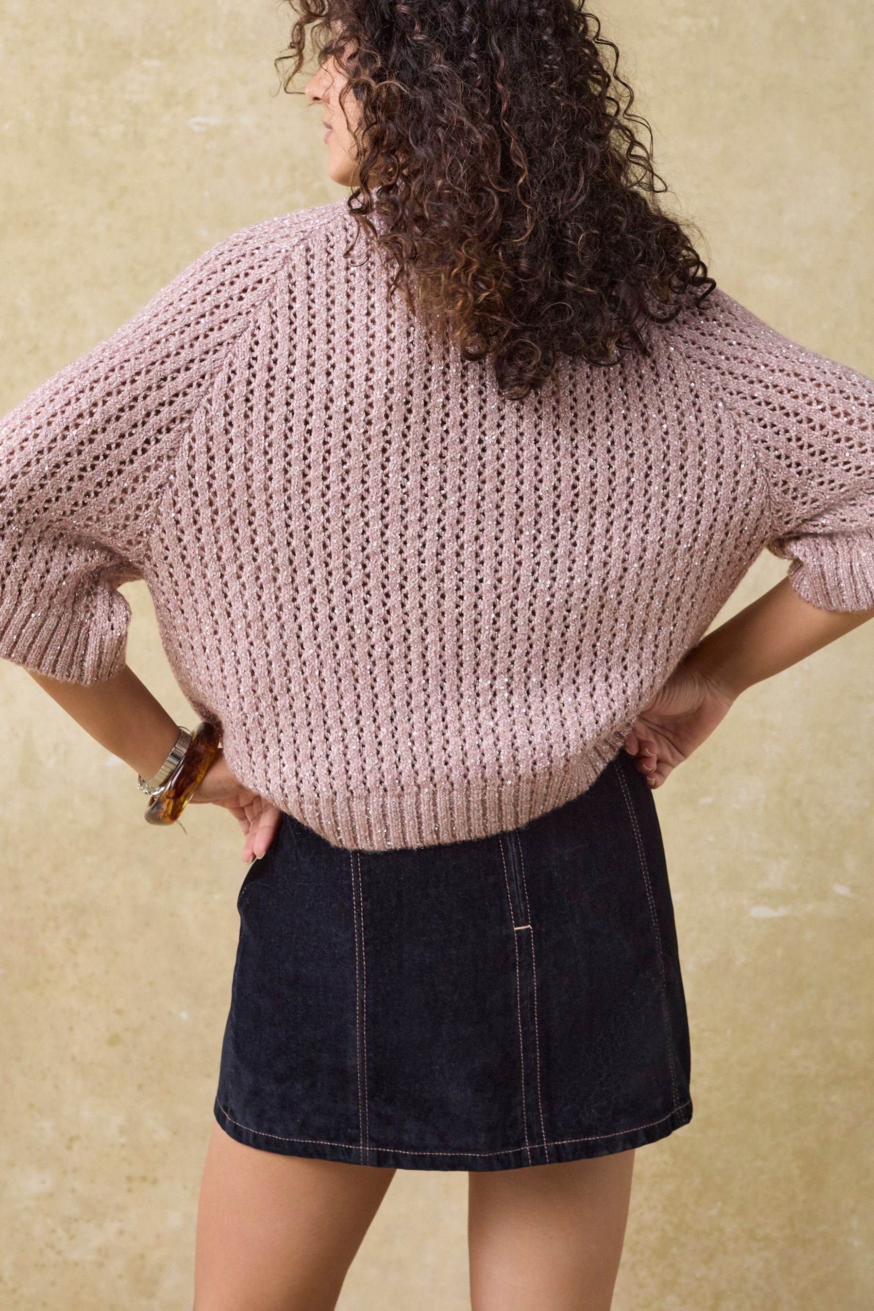 Next Kurzarmpullover Gestrickter Mesh-Pullover mit Pailletten günstig online kaufen