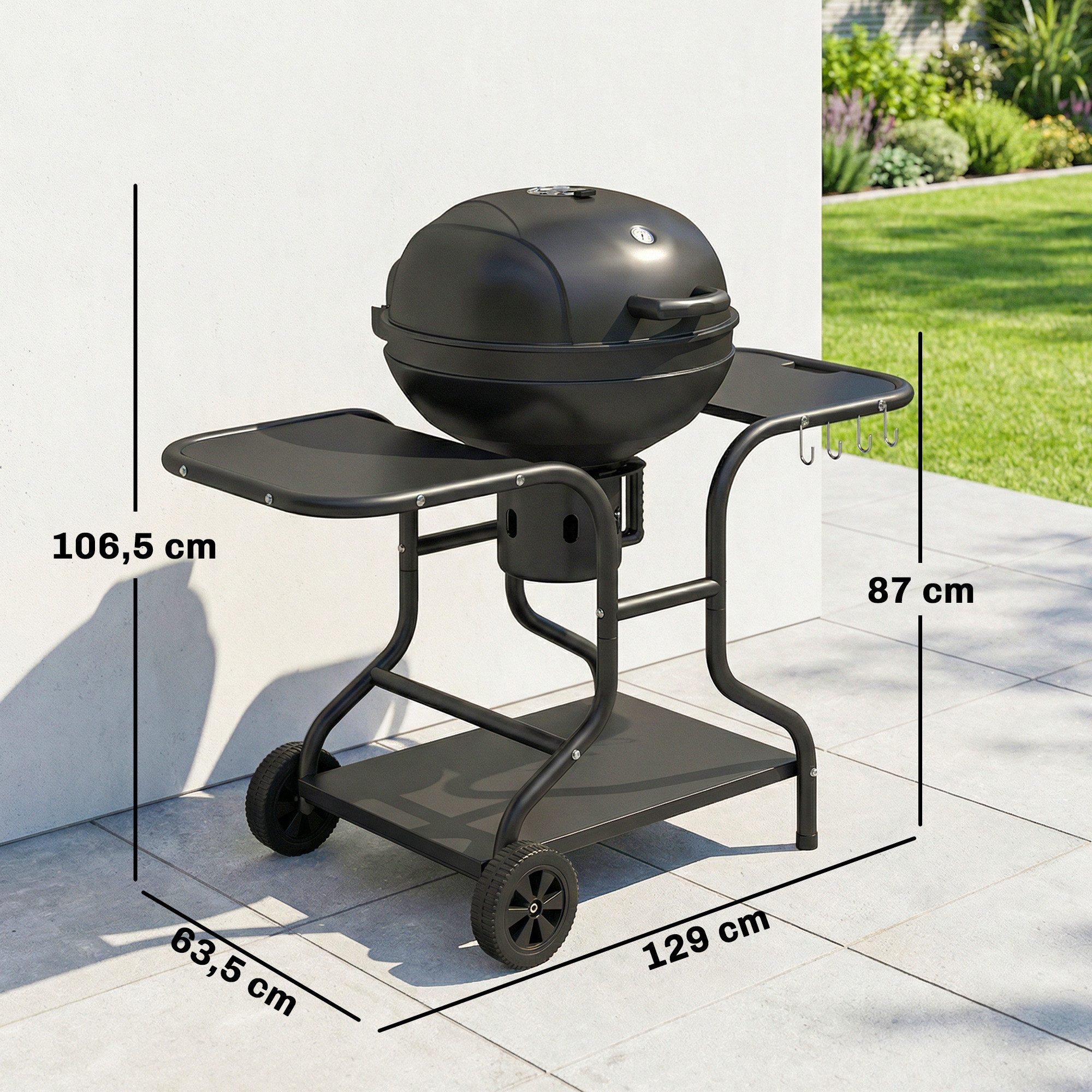 Outsunny Holzkohlegrill mit Seitentischen, Deckel, Thermometer, Räder, BBQ Smoker, Grillwagen, für Barbeque Camping, Terrasse, Garten 129 x 63,5 x 106,5 cm
