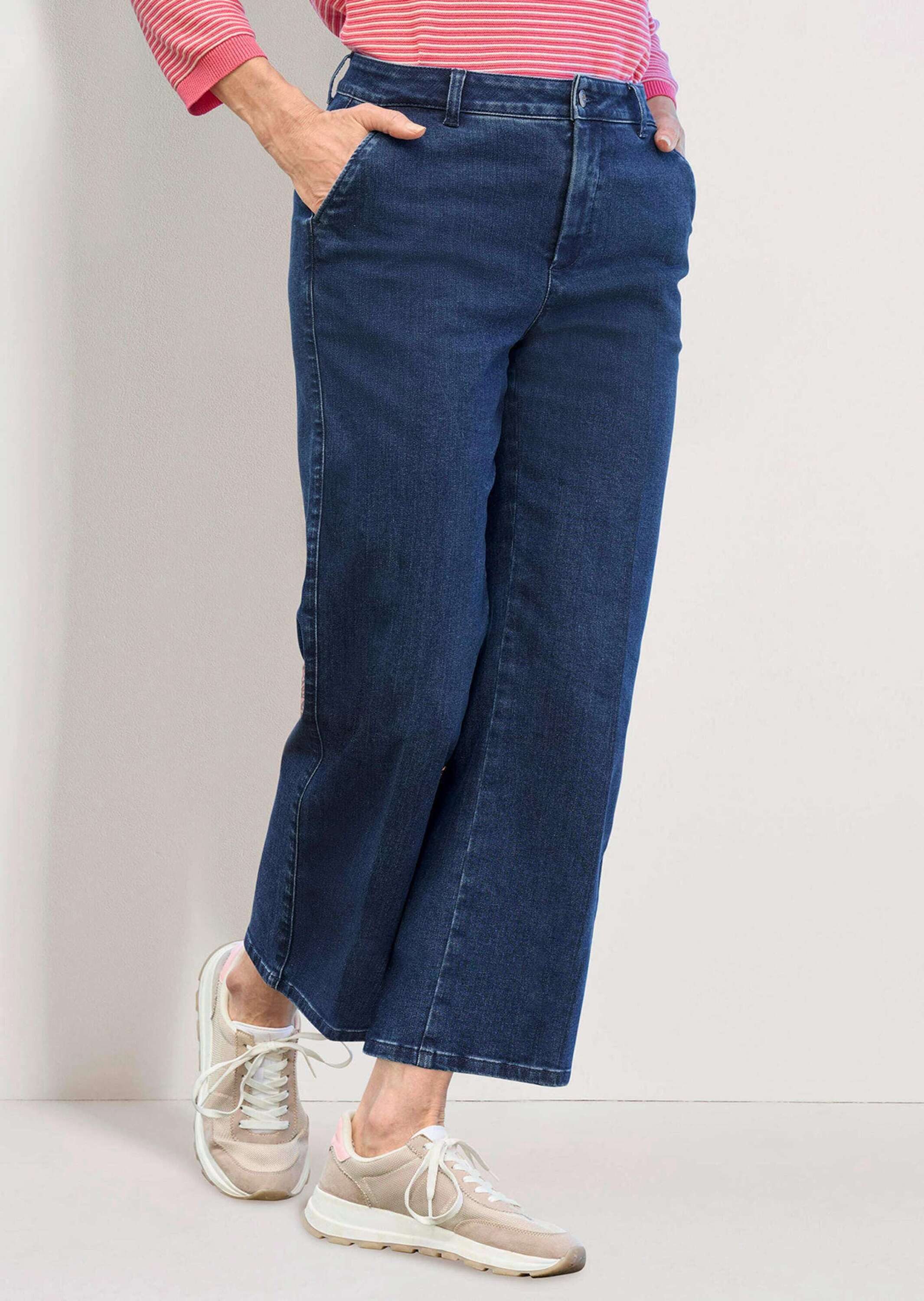 GOLDNER 5-Pocket-Jeans Weite 7/8-Jeans VERA mit Formbund Weite Denim-Culotte mit Bügelfalten, Mid Waist Bund, Gürtelschlaufen