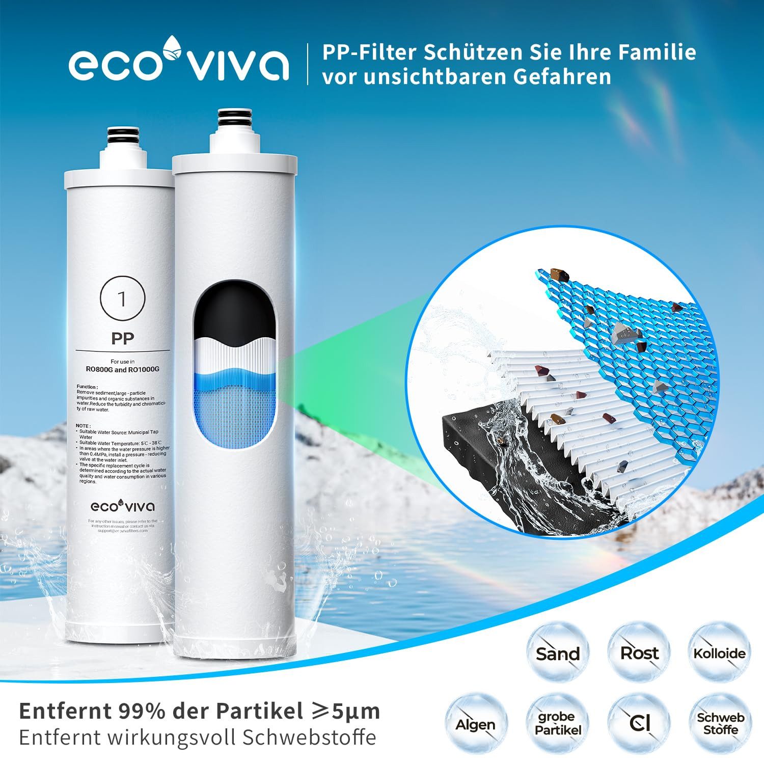 Ecoviva Wasserfilter Ersatzfilterset PP & GAC & CTO, Zubehör für Umkehrosmoseanlage RO800G/1000G