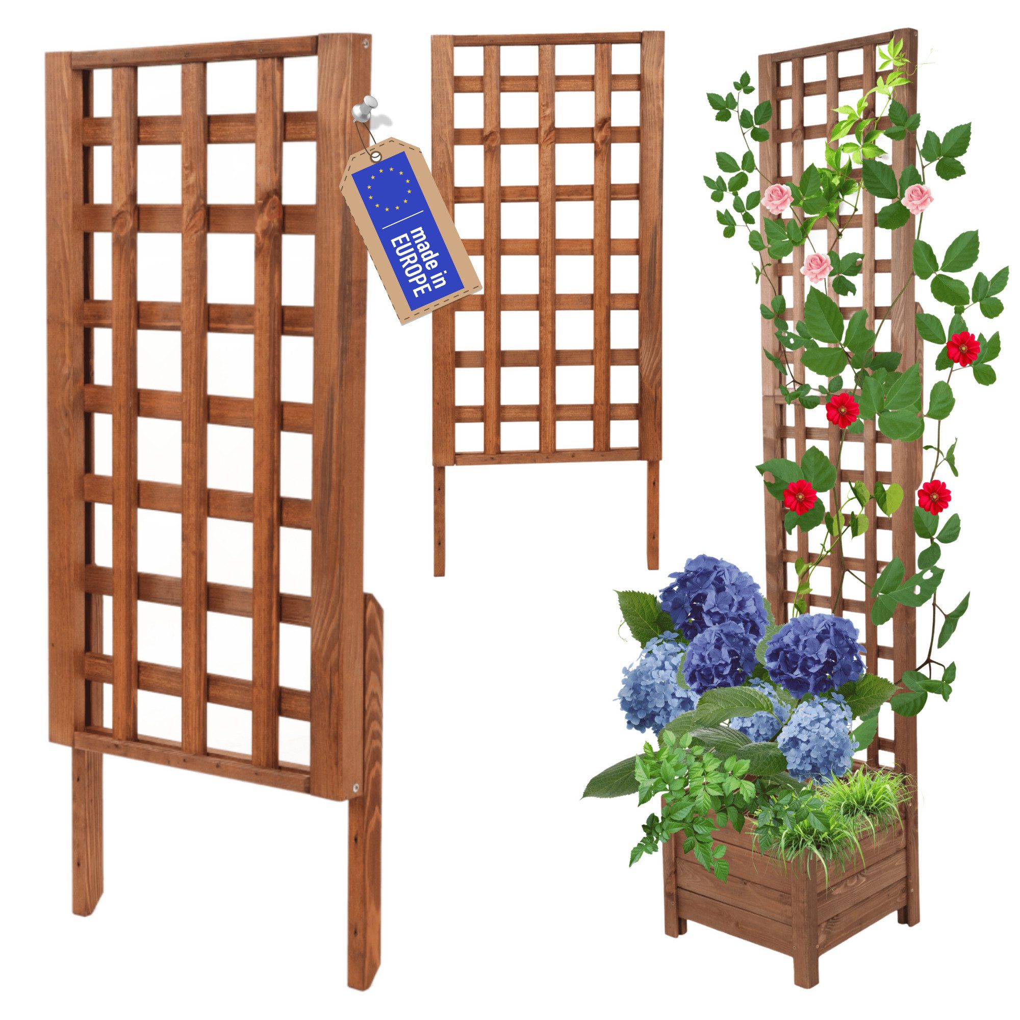 Modo24 Blumenkasten aus Holz, Pflanzkübel, Balkonkasten mit / ohne oder nur Rankgitter, Blumenkübel Holzkiste Garten Terrasse, Imprägniert Wetterfest Outdoor