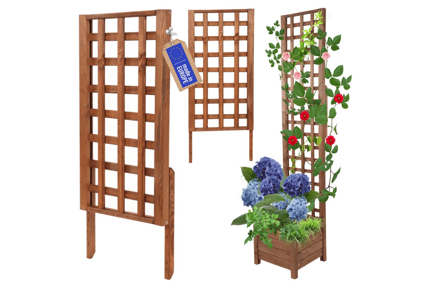 Modo24 Blumenkasten aus Holz, Pflanzkübel, Balkonkasten mit / ohne oder nur Rankgitter, Blumenkübel Holzkiste Garten Terrasse, Imprägniert Wetterfest Outdoor