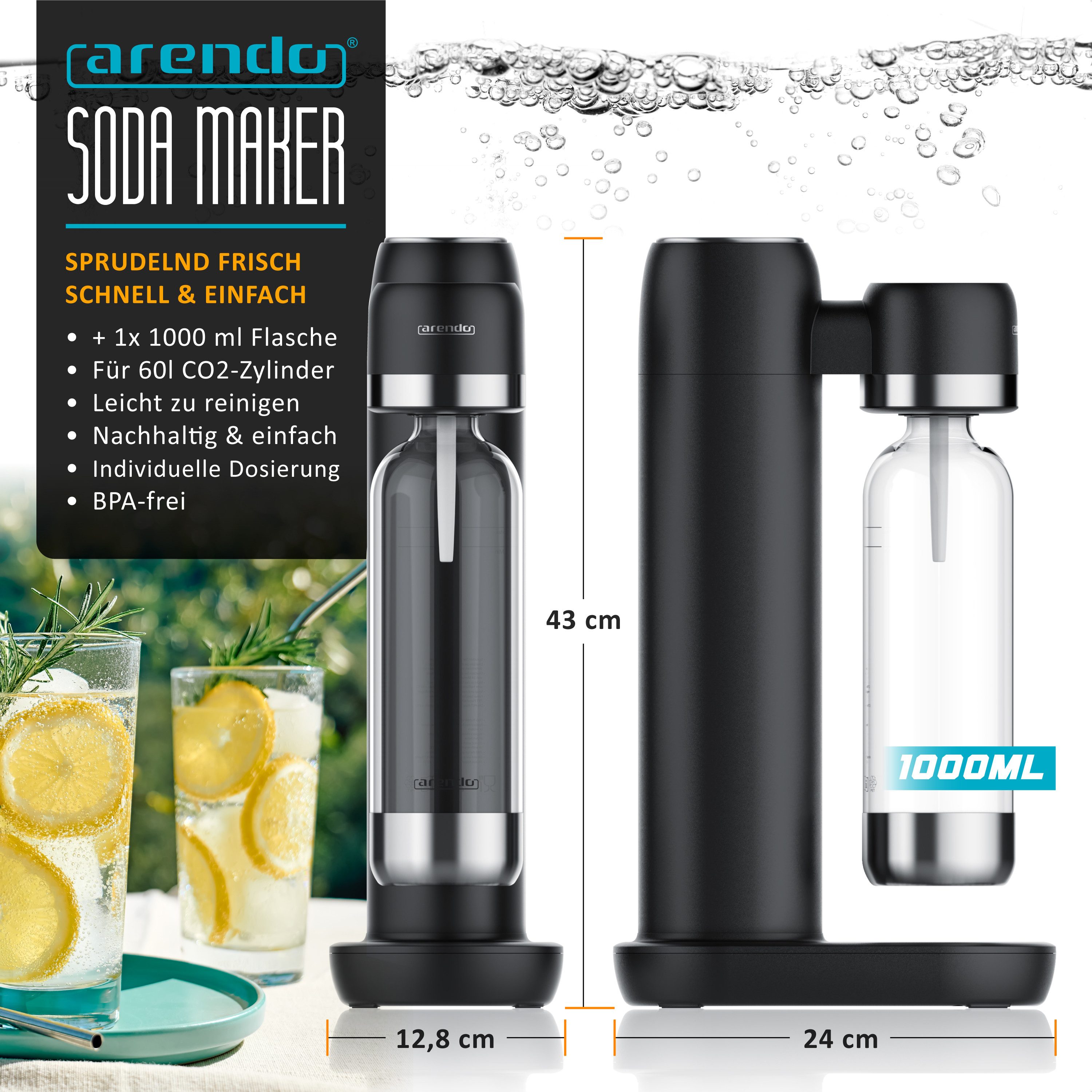 Arendo Wassersprudler Soda Streamer, 2x 1000 ml Flaschen, kompatibel mit 60l CO2 Zylindern, (Set, 3-tlg., Soda Maker, 2x PET-Flasche), Soda Maker + 2 Wasserflaschen, BPA-frei, fein dosierbar, Carbonator