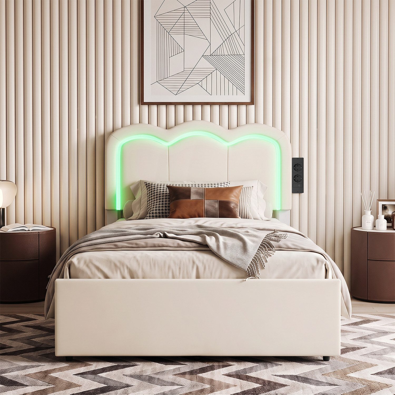 oyajia Polsterbett Kinderbett Jugendbett, Ladestation & LED-Beleuchtung,PU-Kunstleder (Kopfteil hochstellbar, 4 Schubladen), Modernes Jugendbett, Leises Design Bett, Max. Belastbarkeit 350 kg