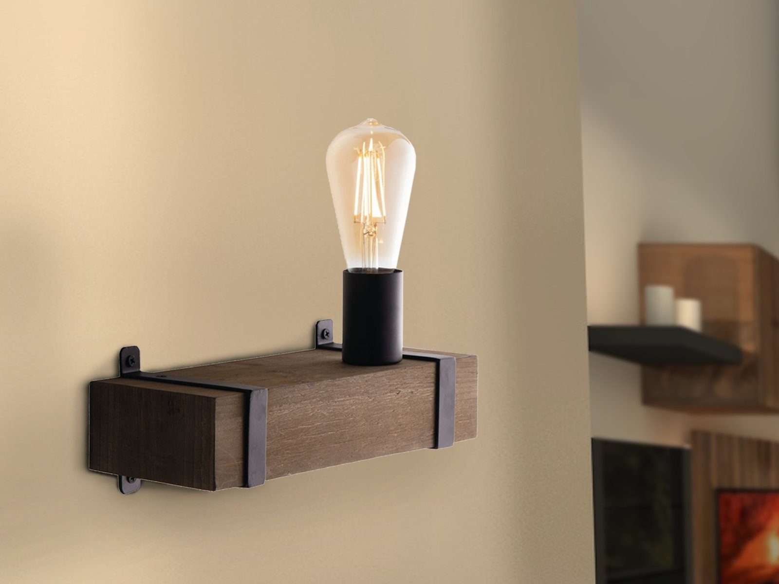 Breite LED Holz-lampe innen, mit Design LUCE Holzbalken 30cm rustikale wechselbar, Wandleuchte, einflammig, LED warmweiß,