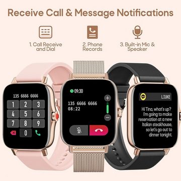 ZKCREATION Smartwatch (1,69 Zoll, Android iOS), Damen Fitnessuhr mit Telefonfunktion Schlaf Tracker IP67 wasserdichte