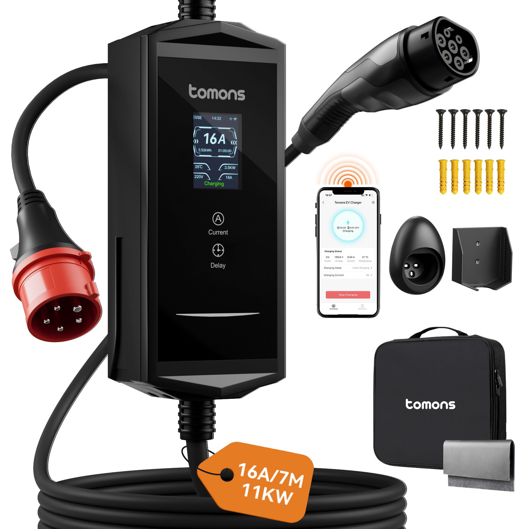 Tomons Mobile Wallbox 11kw mit APP,Typ 2 Ladekabel 7M,3-Phasen 6-16A Autoladekabel, 2,4" LCD-Anzeige IP65,Einstellbarer Ladeleistung&startzeit