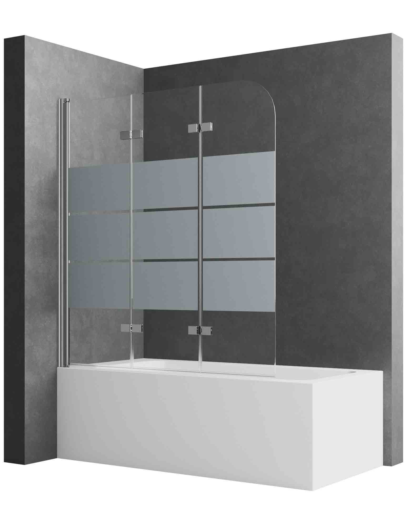 Boromal Badewannenfaltwand Badewannenaufsatz Glas 3 teilig Faltbar 180° Faltwand milchglas klar, Aluminiumsprofile,Sicherheitsglas, B:120-130cm H:140cm