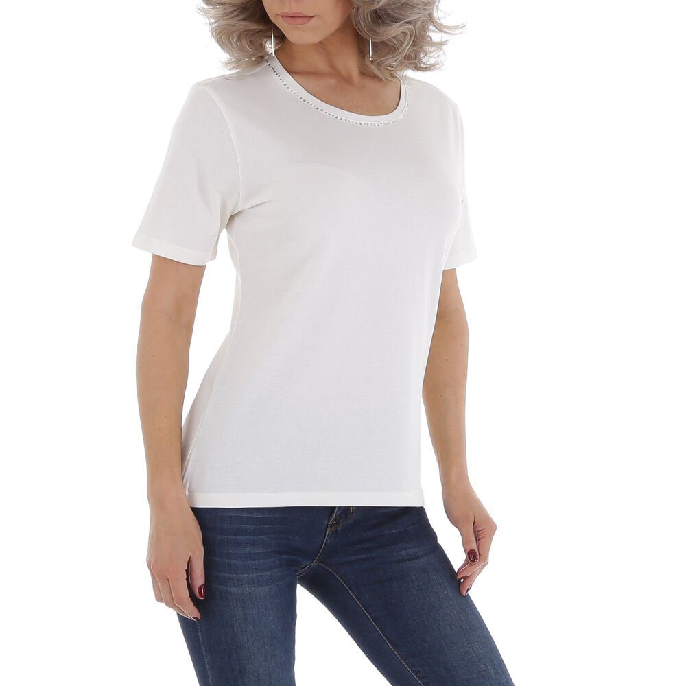 Damen Shirts Ital-Design T-Shirt Damen Freizeit Strass Stretch T-Shirt in Weiß
