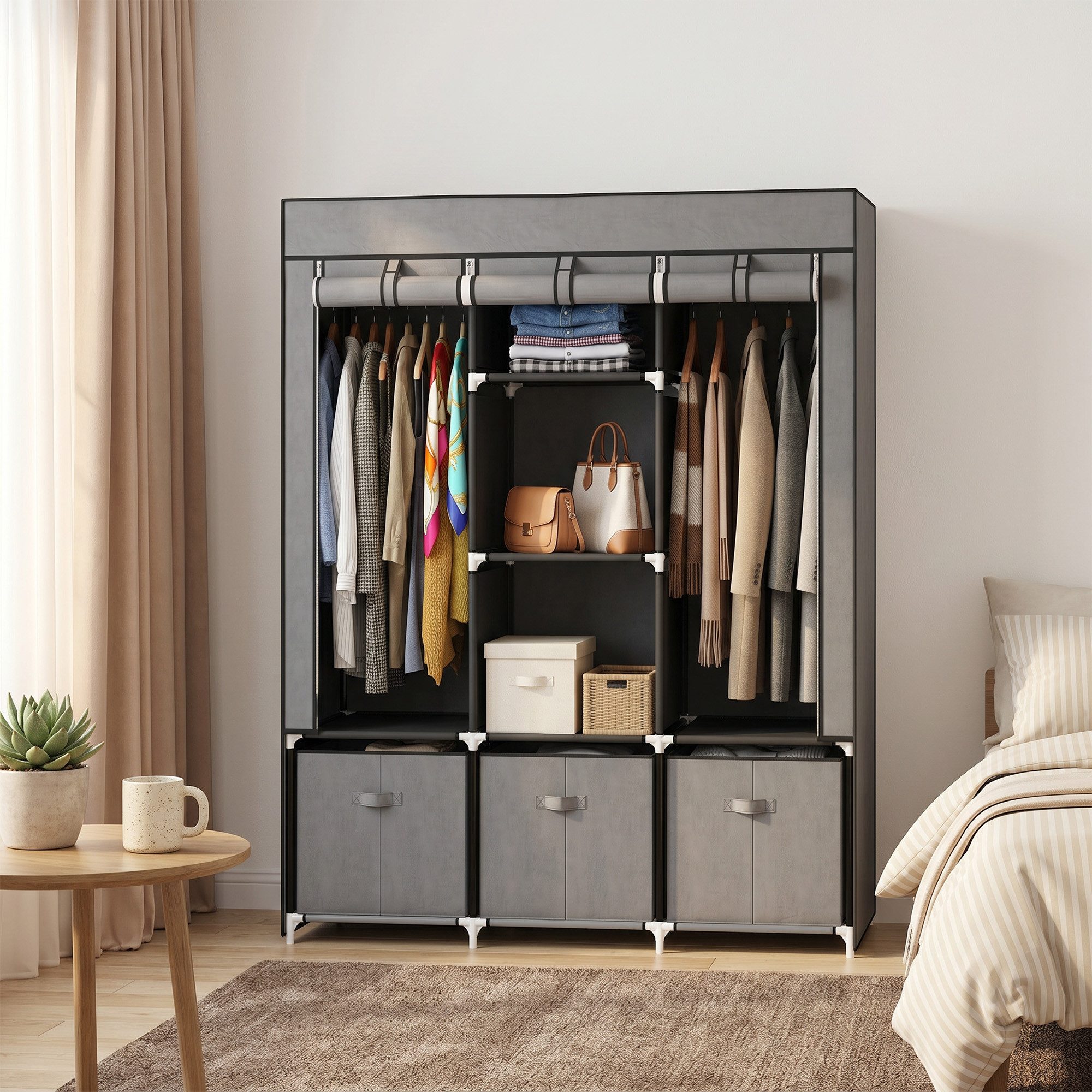 HOMCOM Stoffschrank Kleiderschrank mit Kleiderstange, Schubladen, Reißverschluss (Faltbare Garderobe, 1-St., Faltschrank) Dunkelgrau, 125 x 43 x 162,5 cm