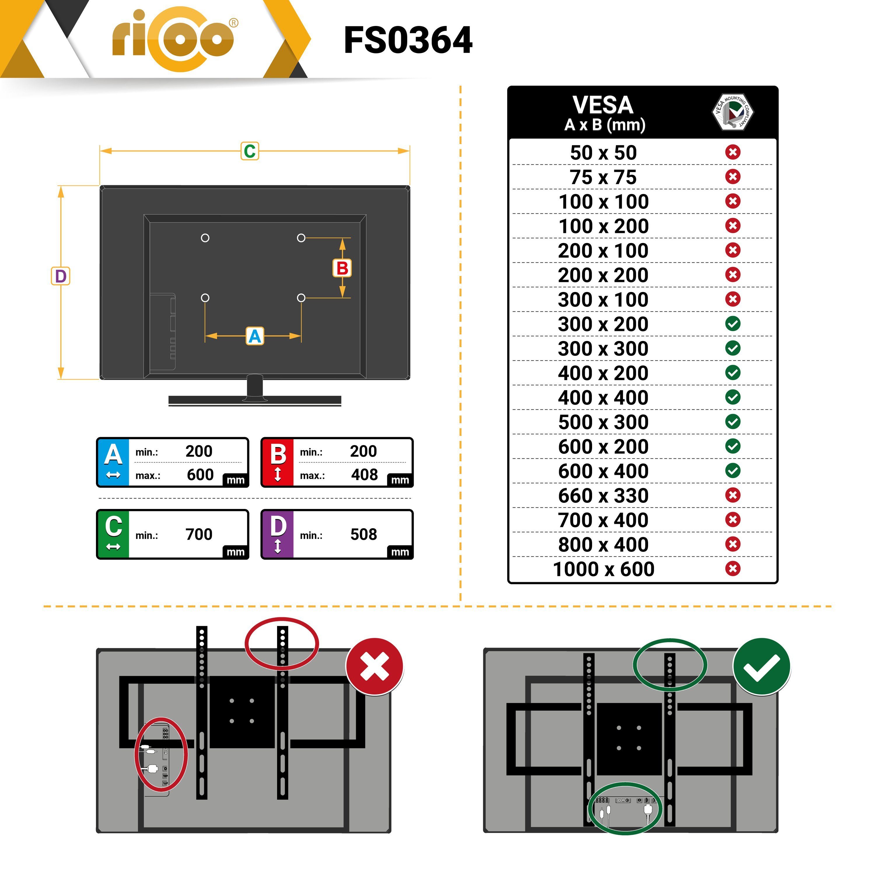 mit TV-Ständer, Fernseher 75 TV RICOO FS0364 Rollen höhenverstellbar) (bis Standfuß Zoll, rollbar Stativ