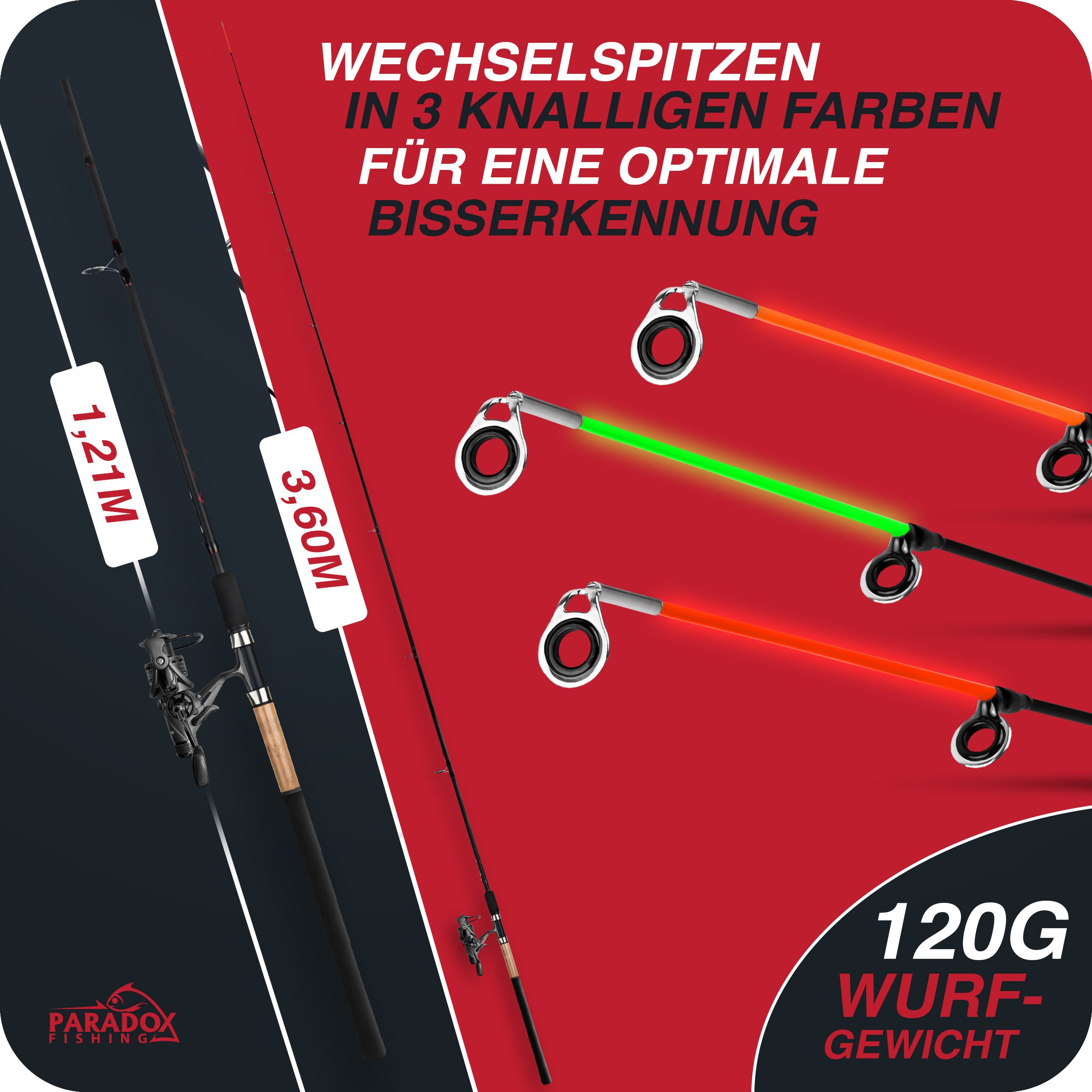 Paradox Fishing Feederrute Combo Feeder, (Rute + Rolle), 3,3m/3,6m, 90g/120g, 3 Wechselspitzen
