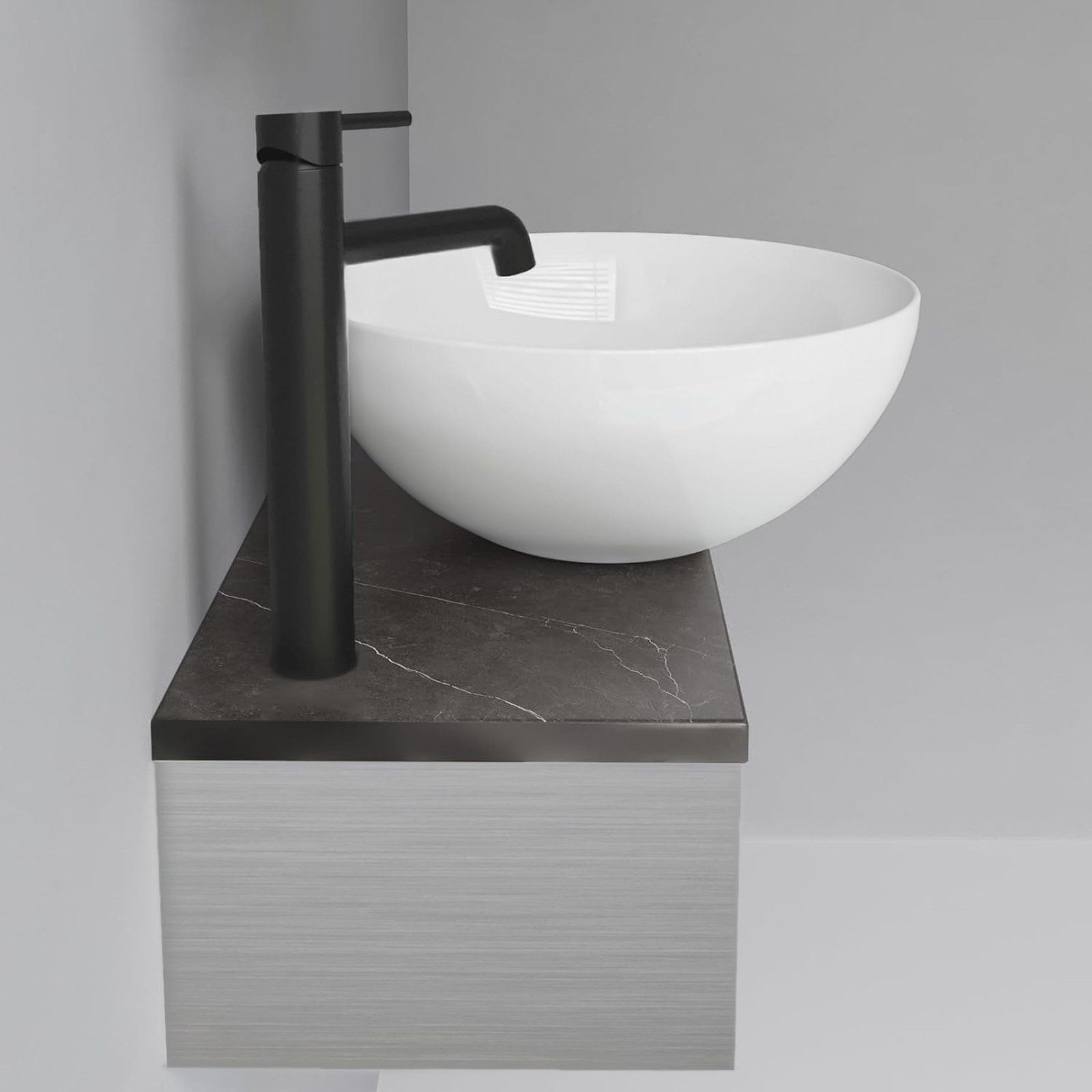 Alpenberger Aufsatzwaschbecken Rund - Waschschüssel Waschbecken Klein Gäste WC Set mit Handtuchhalter (Waschschale mit Nano, Handwaschbecken), mit Keramikplatte und Edelstahlkasten