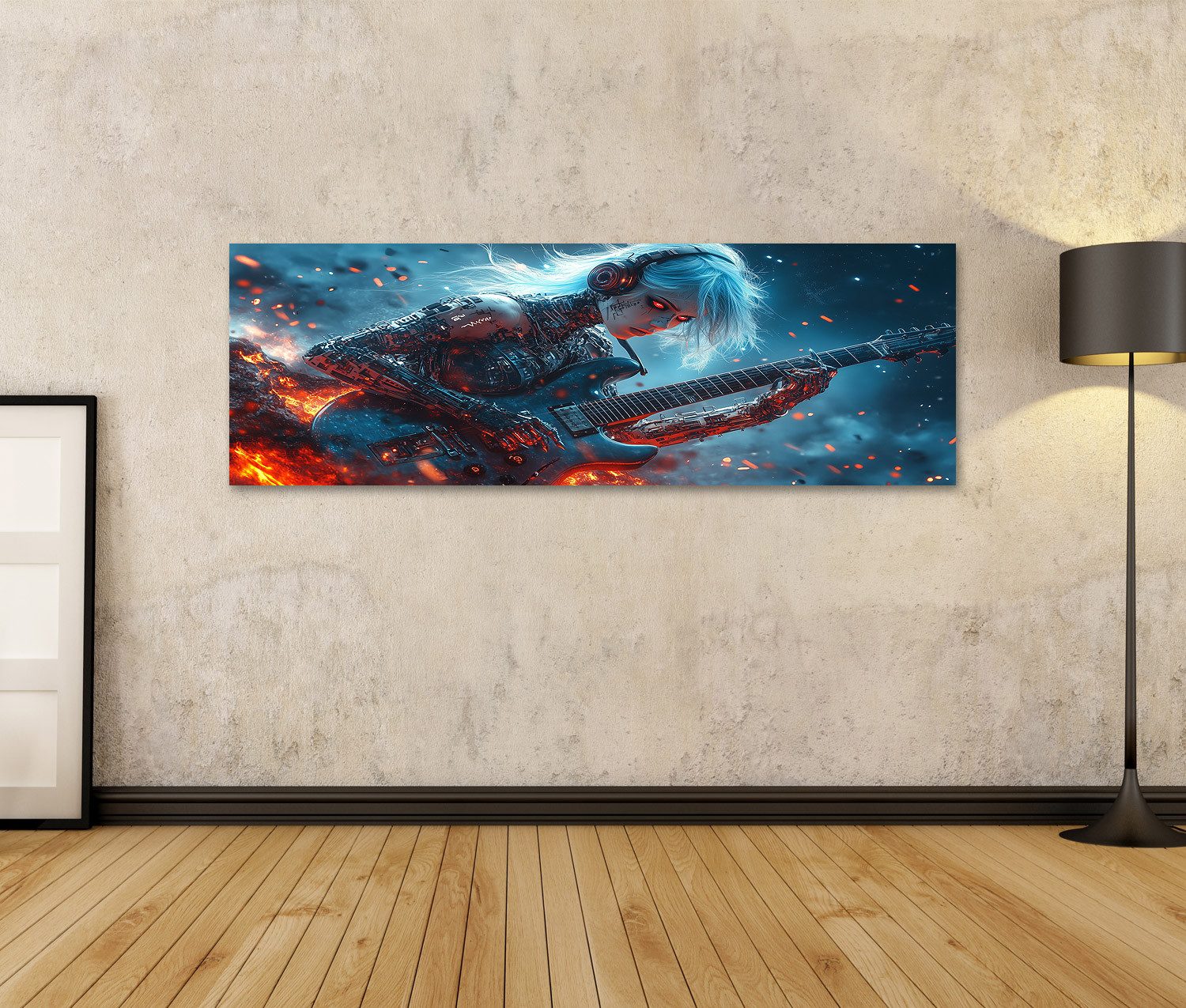 islandburner Leinwandbild Cyborg Musikerin mit Gitarre im futuristischen Feuerregen