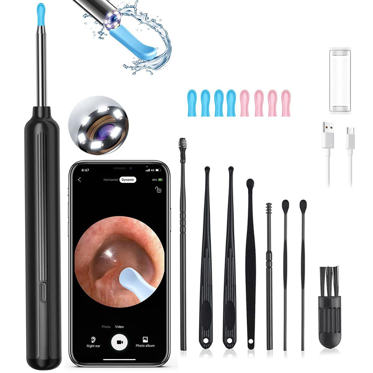 MOPUEA Elektrischer Ohrenreiniger 17-teiliges Set Ohrreiniger mit Kamera 6 LED Leuchten IP67 Wasserdicht, Ohrenschmalz-Entfernungsset mit Kamera, Ohrenschmalz entfernen, Bilder übertragen, für iOS und Android, 1296P Bildqualität, 360° Weitwinkel, 6-Achsen-Gyroskop