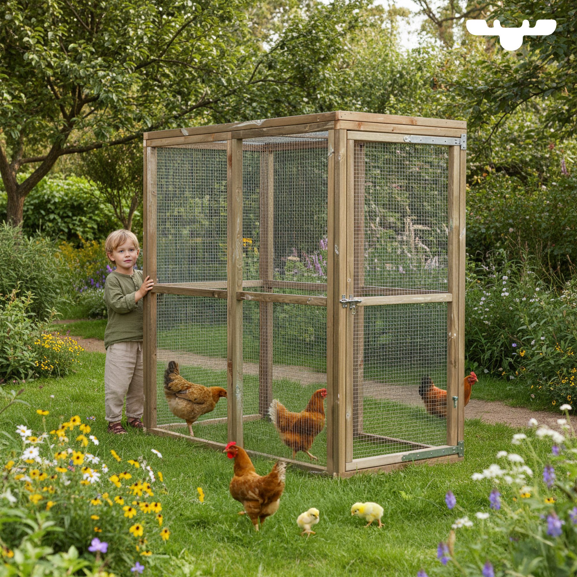 FATMOOSE Voliere CheeryChicken Cove – begehbarer Premium Hühnerstall aus massivem Holz, Hühnerhaus mit großem Auslauf, raubtiersicher überdacht, für Familien