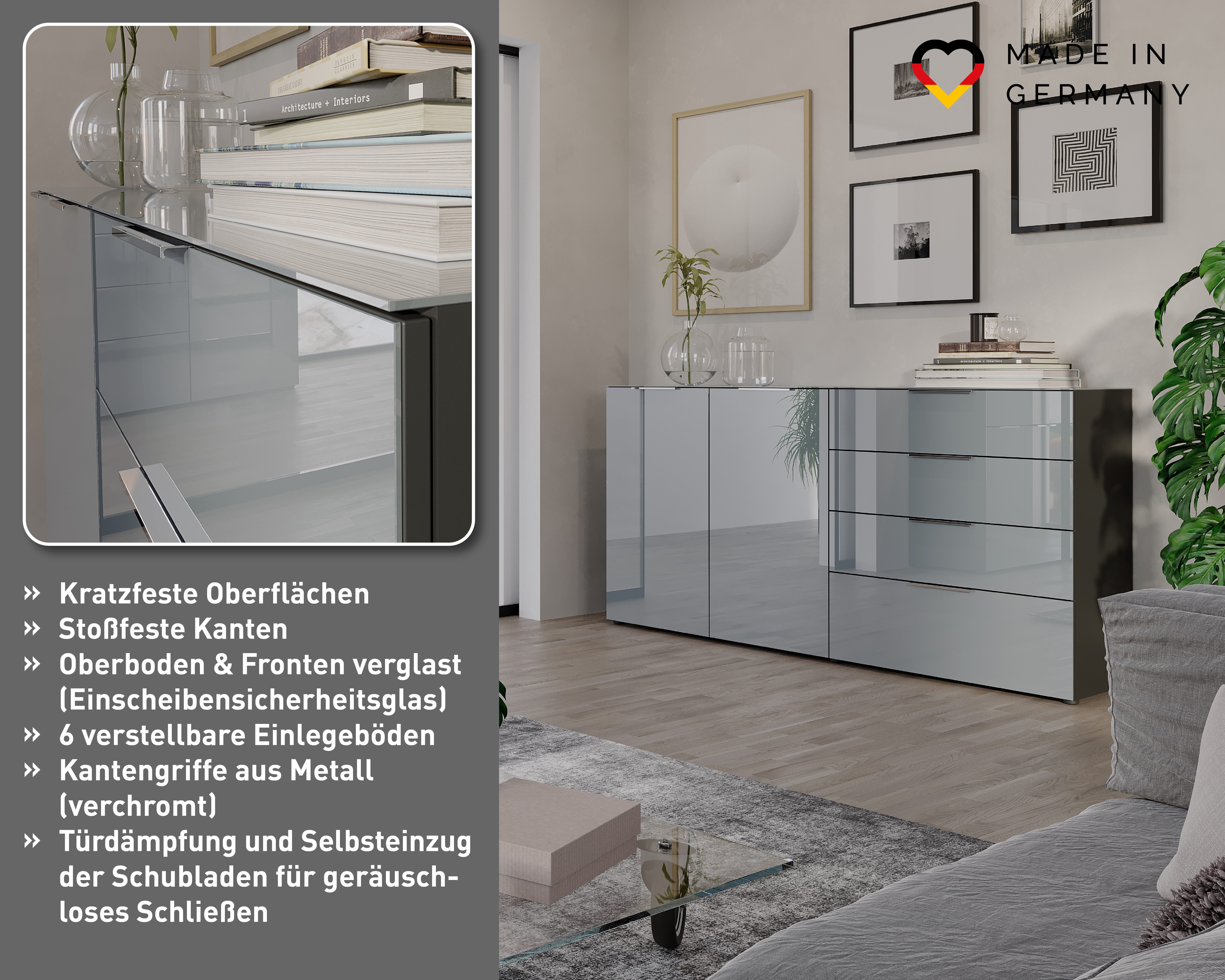 GERMANIA Sideboard Oakland mit Glasauflage, Breite: 134 oder 184 cm, Soft-close, verstellb. Böden, Made in Germany – Bild 3 von 5