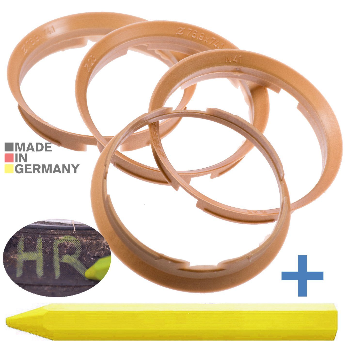 RKC Reifenstift 4X Zentrierringe Messing Felgen Ringe + 1x Reifen Kreide Fett Stift, Maße: 76,9 x 74,1 mm