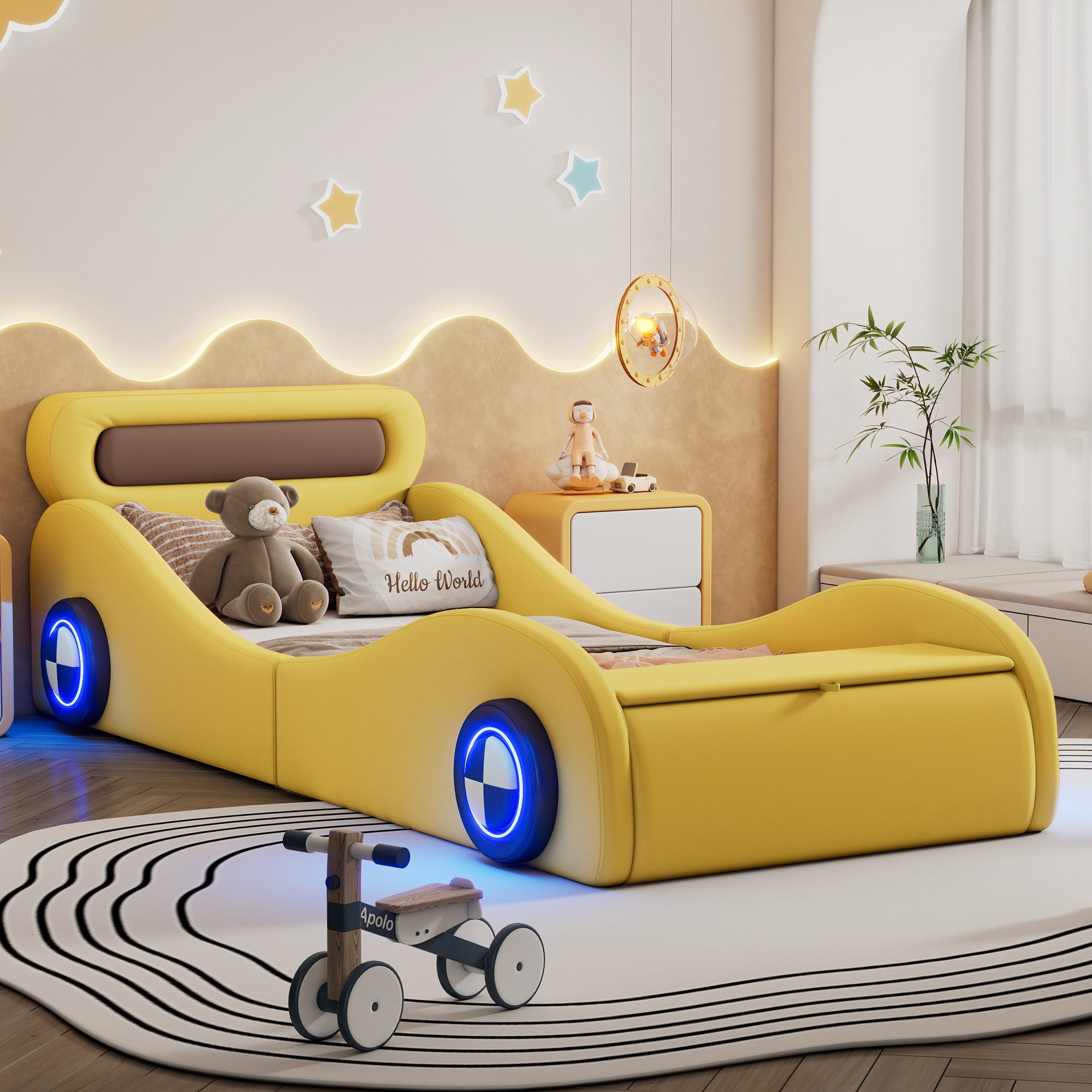 Merax Autobett 90x200cm mit LED Rädern (1-tlg), Polsterbett Kinderbett Jugendbett Einzelbett mit Stauraum, Kunstleder
