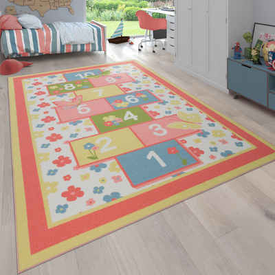 Kinderteppich Kinderteppich Mit Hüpfkästchen Blumen Muster, Paco Home, Rechteckig, Höhe: 4 mm