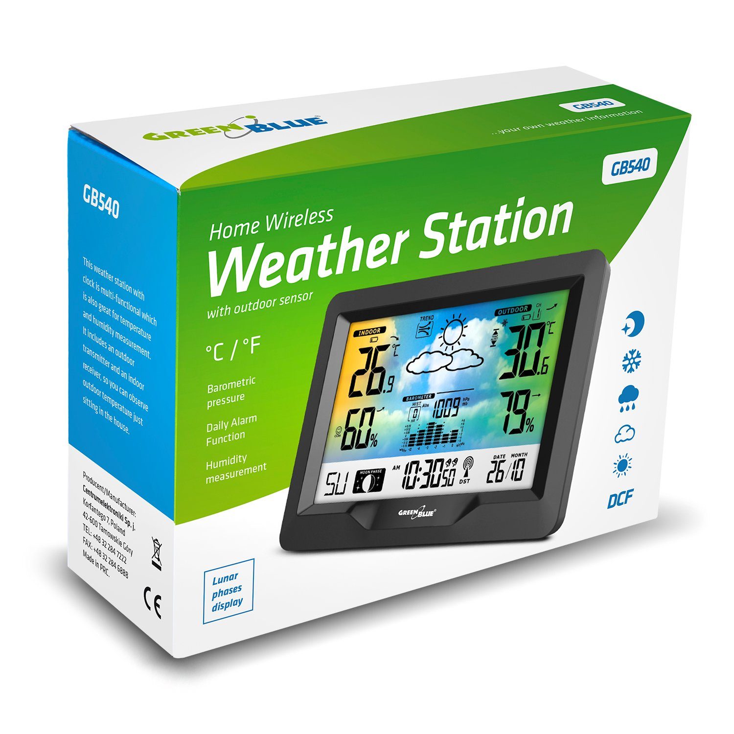 Temperatur, Farbdisplay, Wettervorhersage) Funkwetterstation (mit GreenBlue GB540 Luftfeuchtigkeit, Außensensor, Luftdruck,