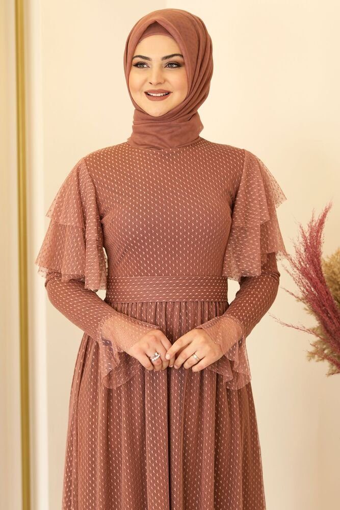 Tüll Hijab Koralle Abiye Abaya aus Tüllkleid Modavitrini gepunktetem Abendkleid Kleid