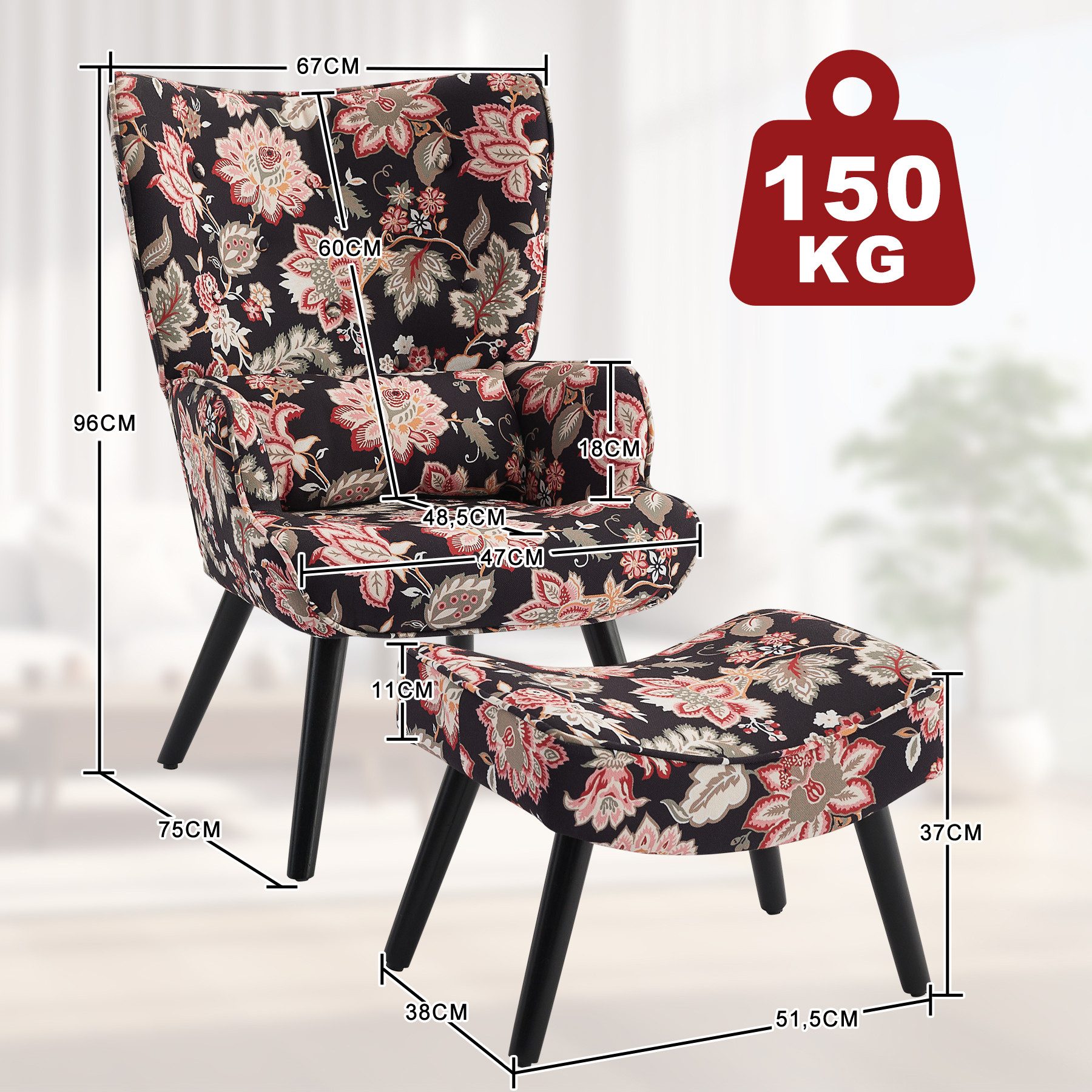 HomeMiYN Ohrensessel Relaxsessel Lehnstühle Patchwork Ohrensessel mit Hocker lesesessel, Chair
