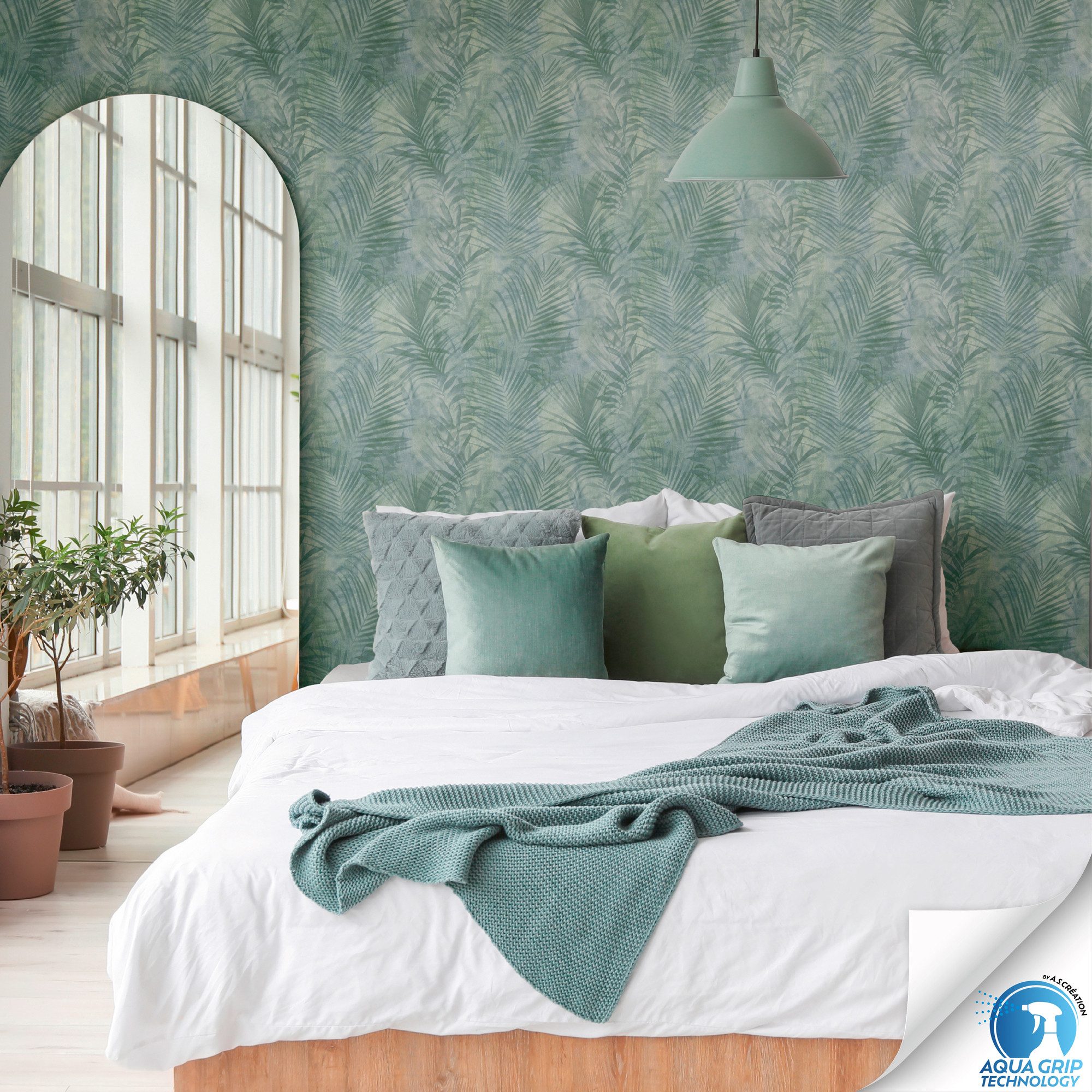 living walls Vliestapete DesignDrop vorgeleimte Tapete Palmen Mustertapete Grün Blau, strukturiert, matt, (1 St), florale Vliestapete vorgekleistert für Schlafzimmer Wohnzimmer Küche