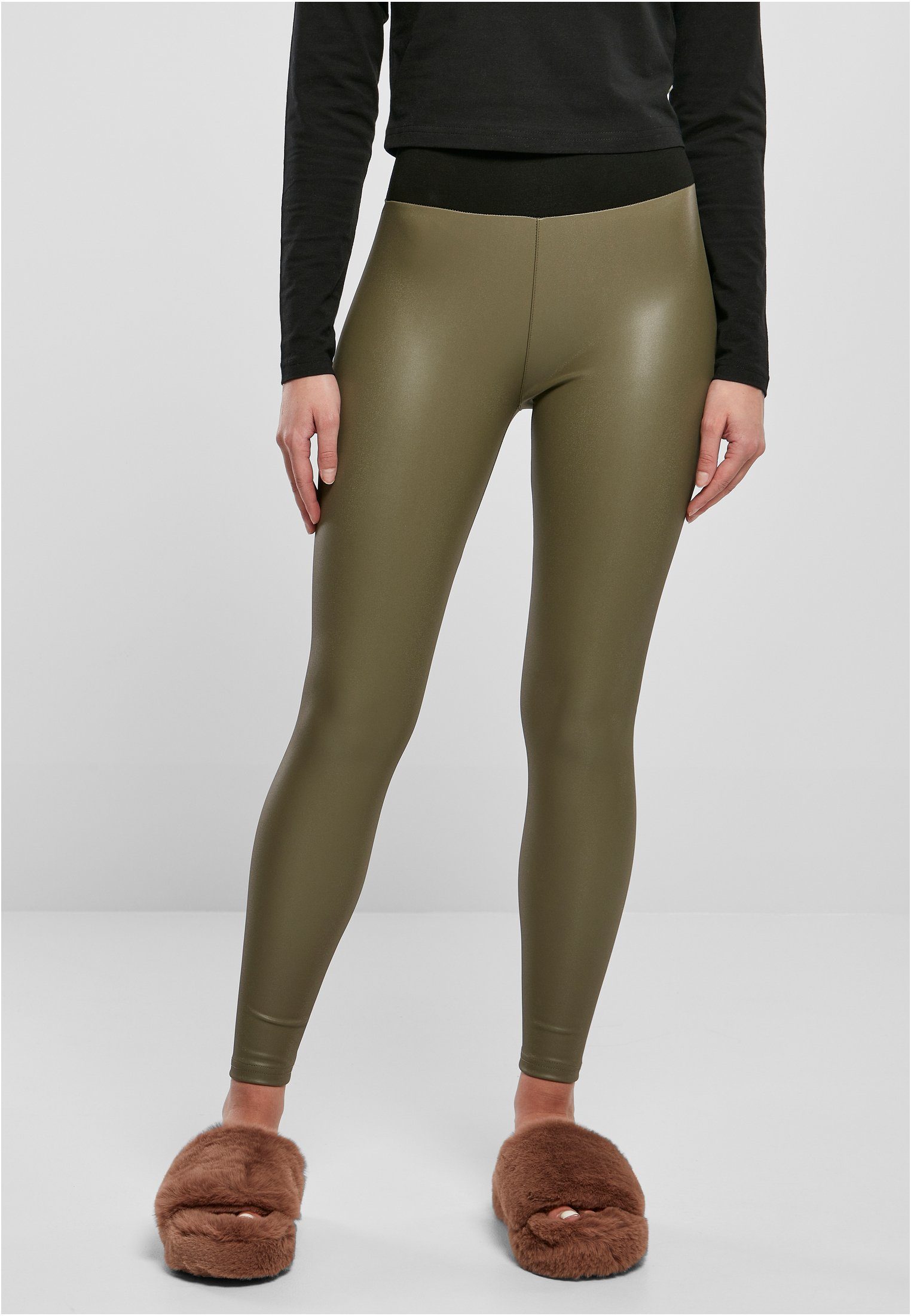 URBAN CLASSICS Leggings Damen Waist Leggings Leather High (1-tlg) olive Ladies Faux