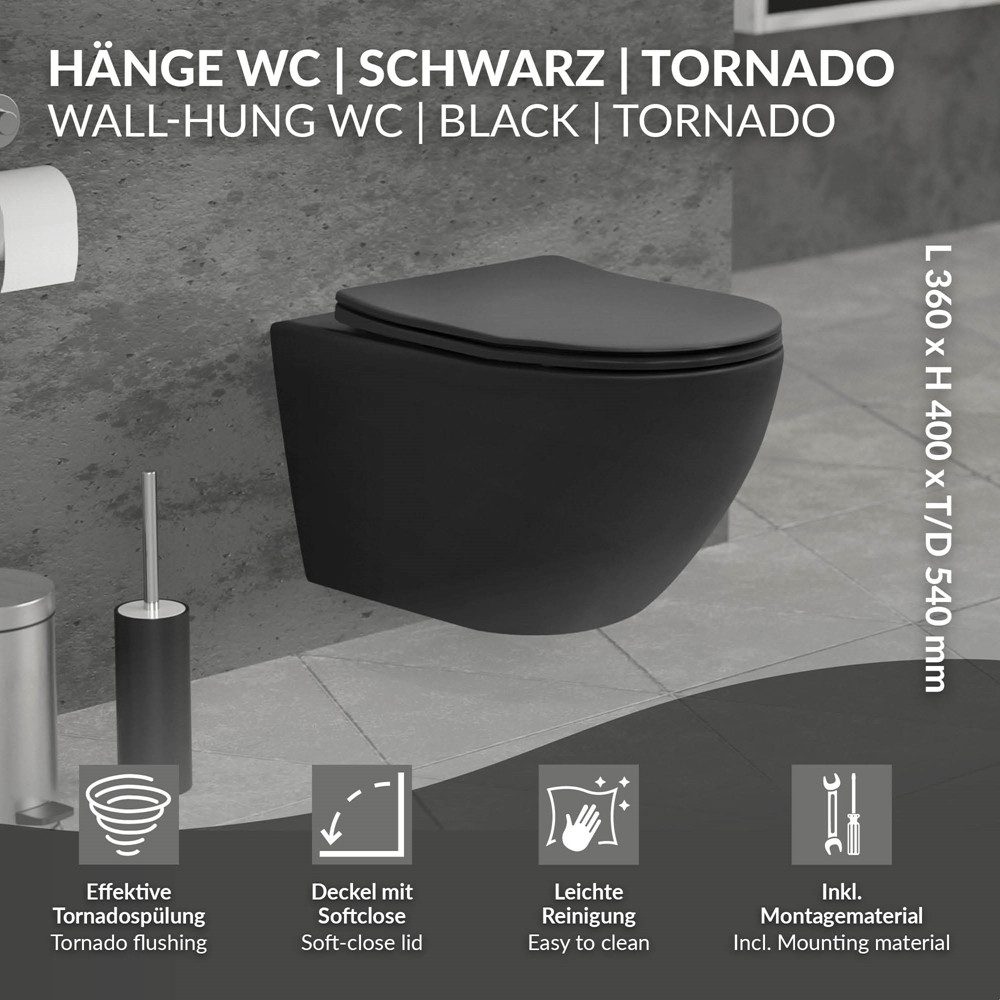 LuxeBath Tiefspül-WC Spülrandloses Hänge WC aus Keramik, mit WC-Sitz Absenkautomatik, Toilette lang ohne Spülrand mit Nano Beschichtung Tornadospülung