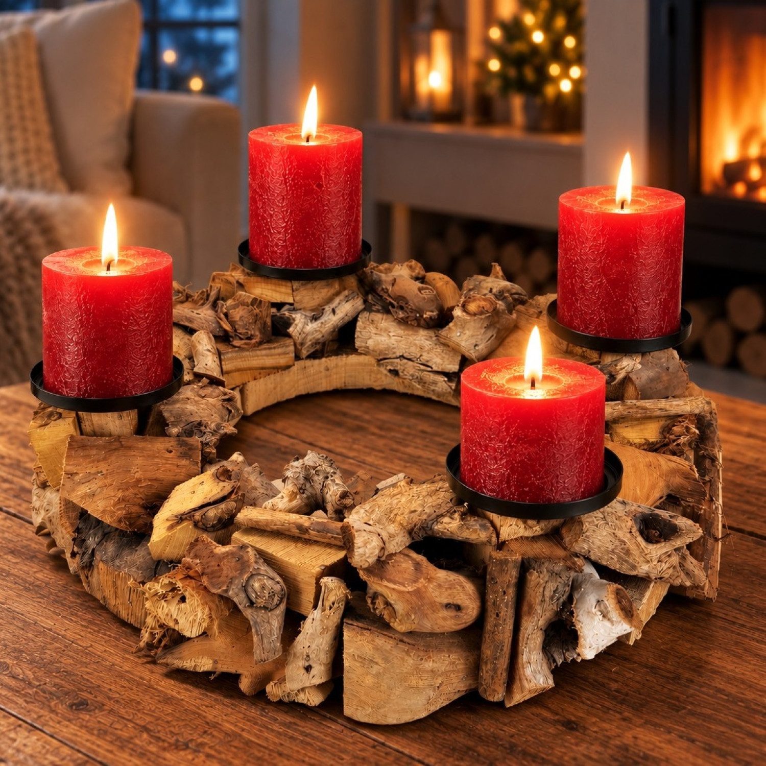 Online-Fuchs Adventskranz für Stumpenkerzen im natürlich Treibholz Look - Weihnachtsdeko, für eine warme und rustikale Atmosphäre in die Weihnachtszeit