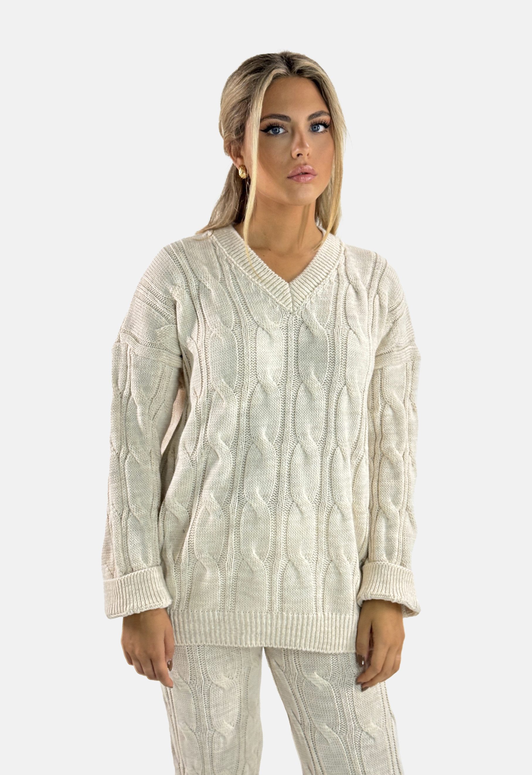 Elara Anzug Damen Strick Set mit Zopfmuster und weiter Strickhose (Set, Set)