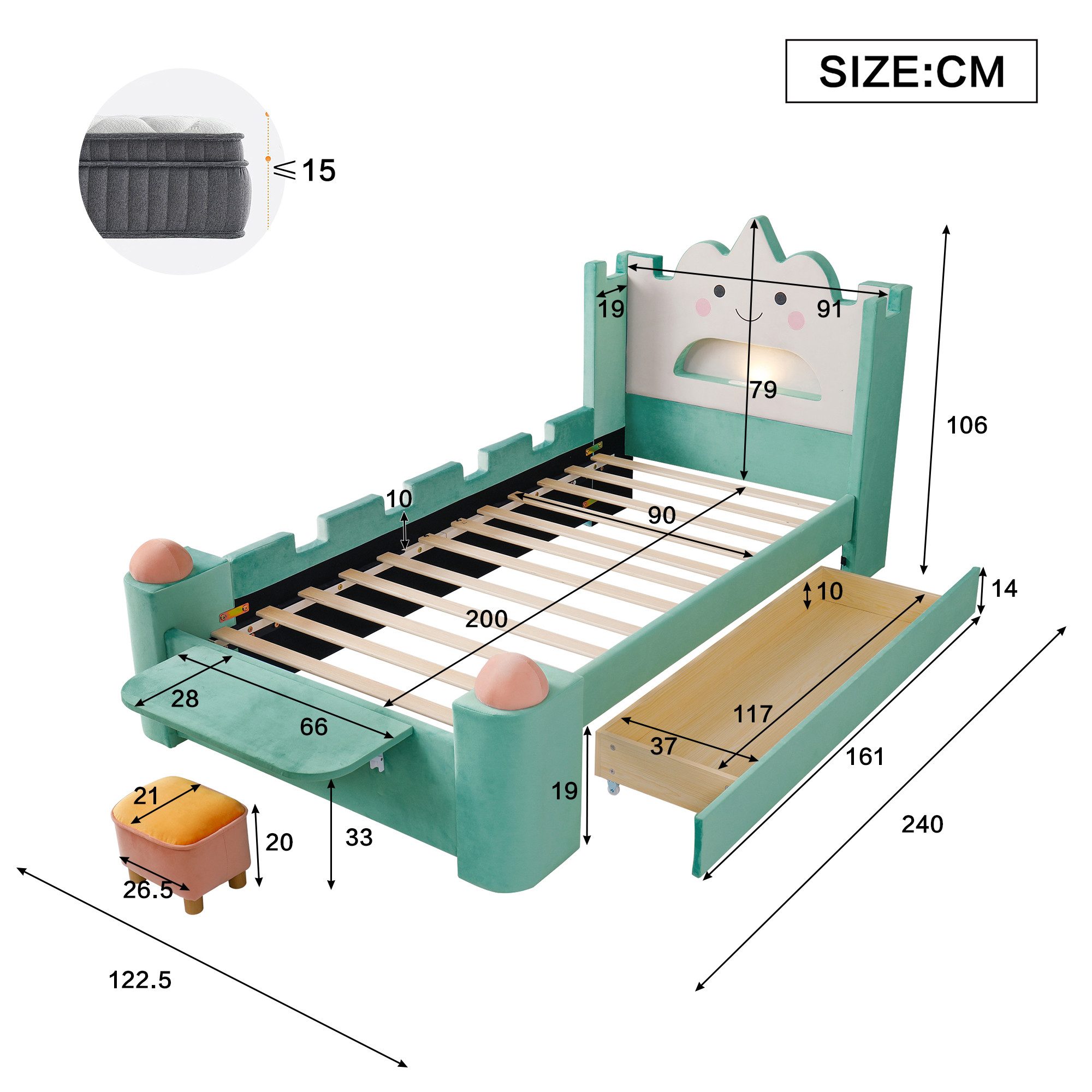 Odikalo Polsterbett Kinderbett mit klappbarer Seitenablage Schublade Ohne Matratze (Kinder Polsterbett, Einzelbett, Wolkenbett mit LED-Leselampe und USB-Anschluss, Stauraum-Schublade links/rechts montierbar, klappbare Ablage, Hocker, Fallschutz, Samtbezug, 90x200 cm)