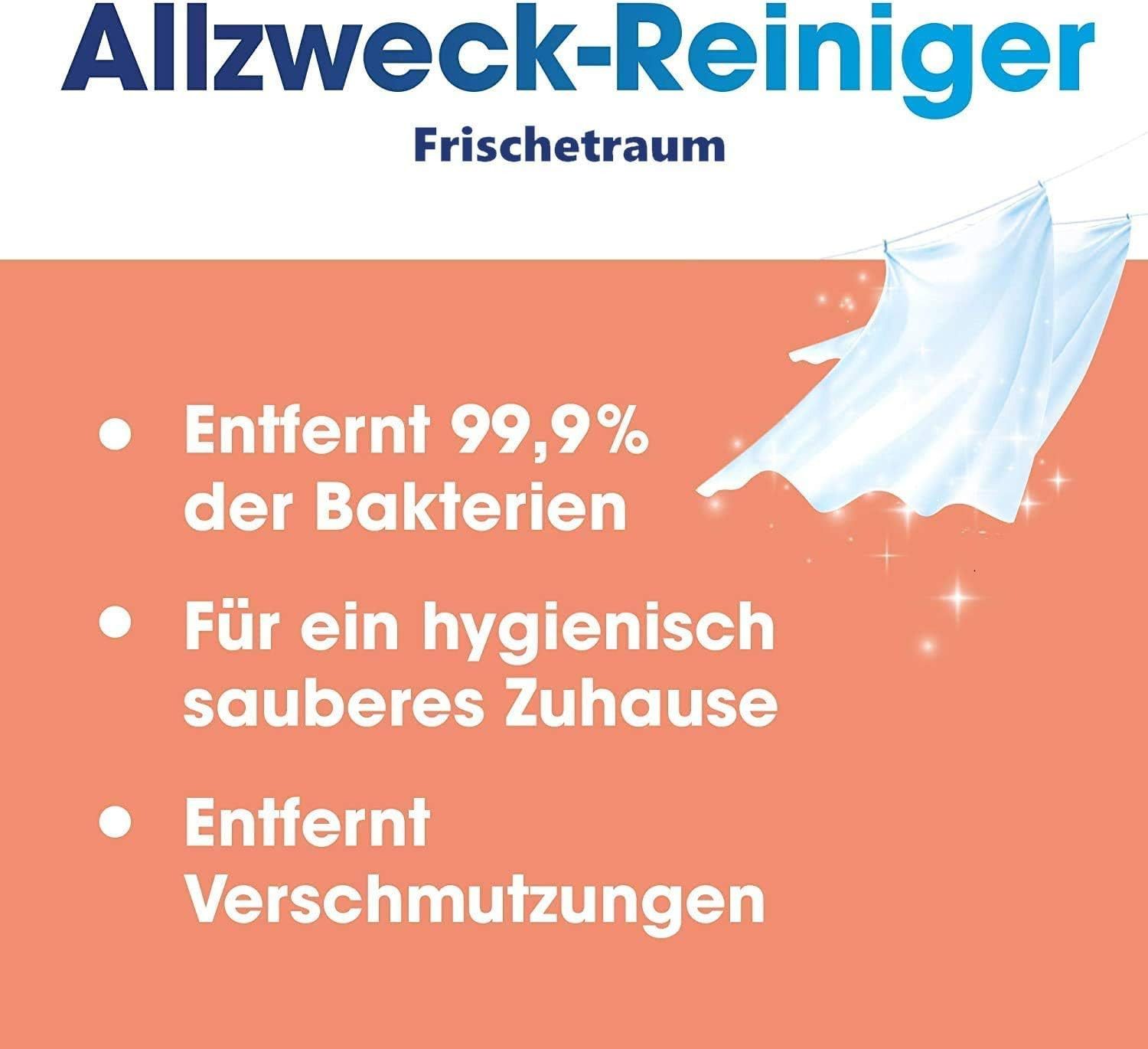 SAGROTAN Blütenfrische & Frischtraum 4 x 1,5l Allzweckreiniger (Multipack, [4-St. entfernt 99,9% der Bakterien für kraftvolle Boden- und Oberflächenreinigung)
