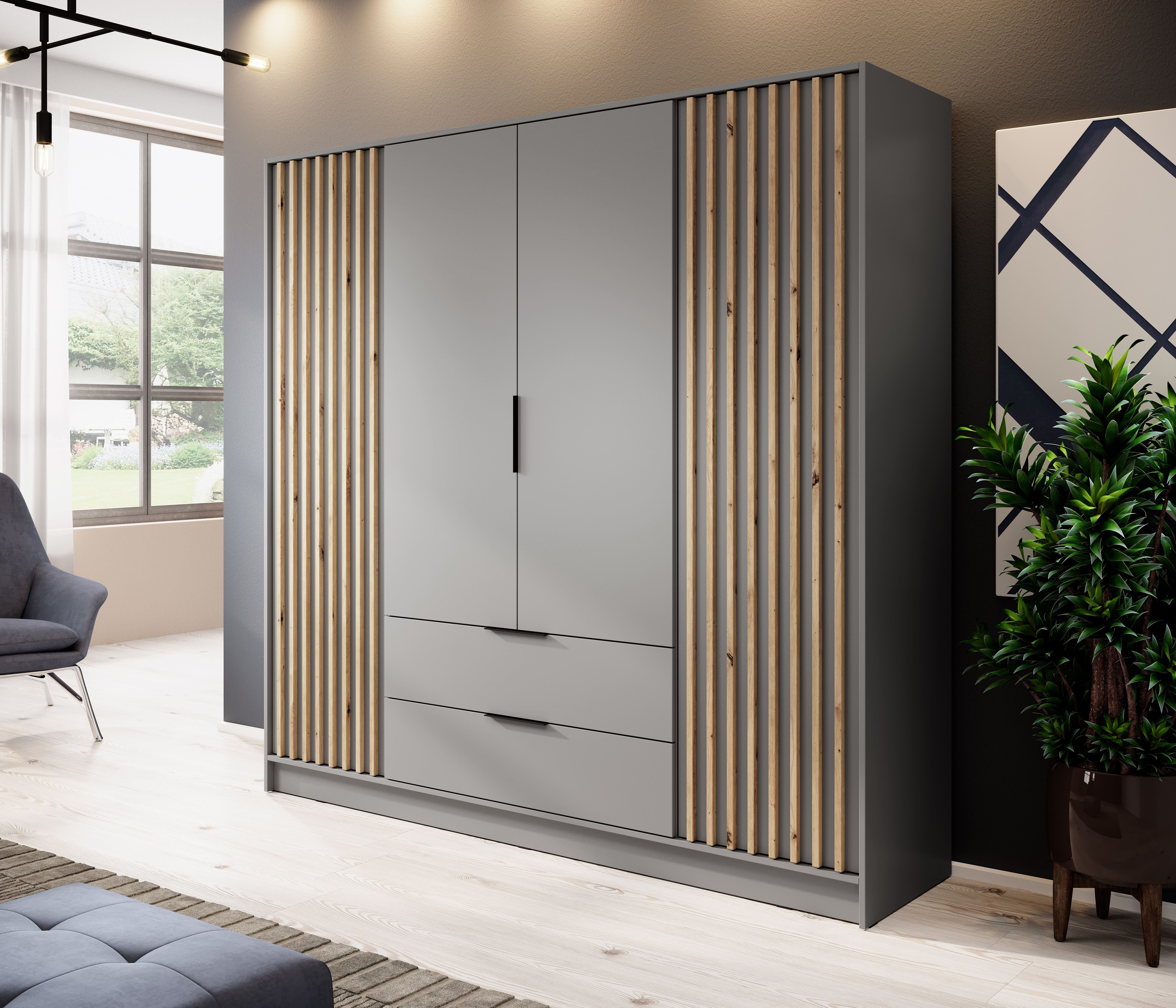 MOEBLO Kleiderschrank JOHN (Latten aus Holz, Loft Stil IndustrieSchrank Aufbewahrungsschrank (Spannstange) mit Regalböden Spannstange & 2 Schubladen, Industrieschrank für Schlafzimmer, Schlafzimmerschrank mit 2/3/4 drehbaren Türen, 2 Schubladen)