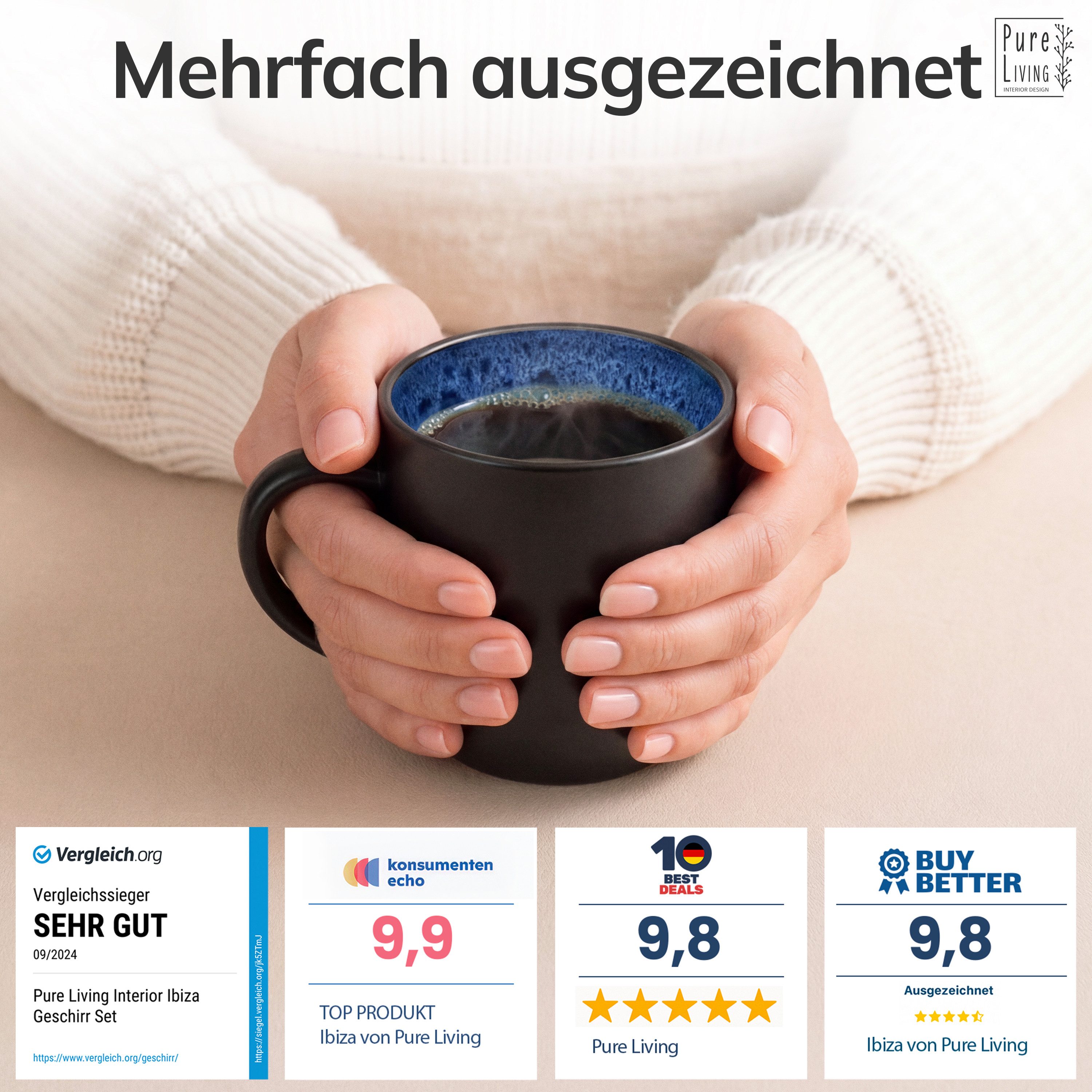 PURE LIVING INTERIOR DESIGN Geschirr-Set Ibiza Becher, 6er-Set, 350 ml, Tiefblau, Steingut (6-tlg), 6 Personen, Steingut – Bild 3 von 5