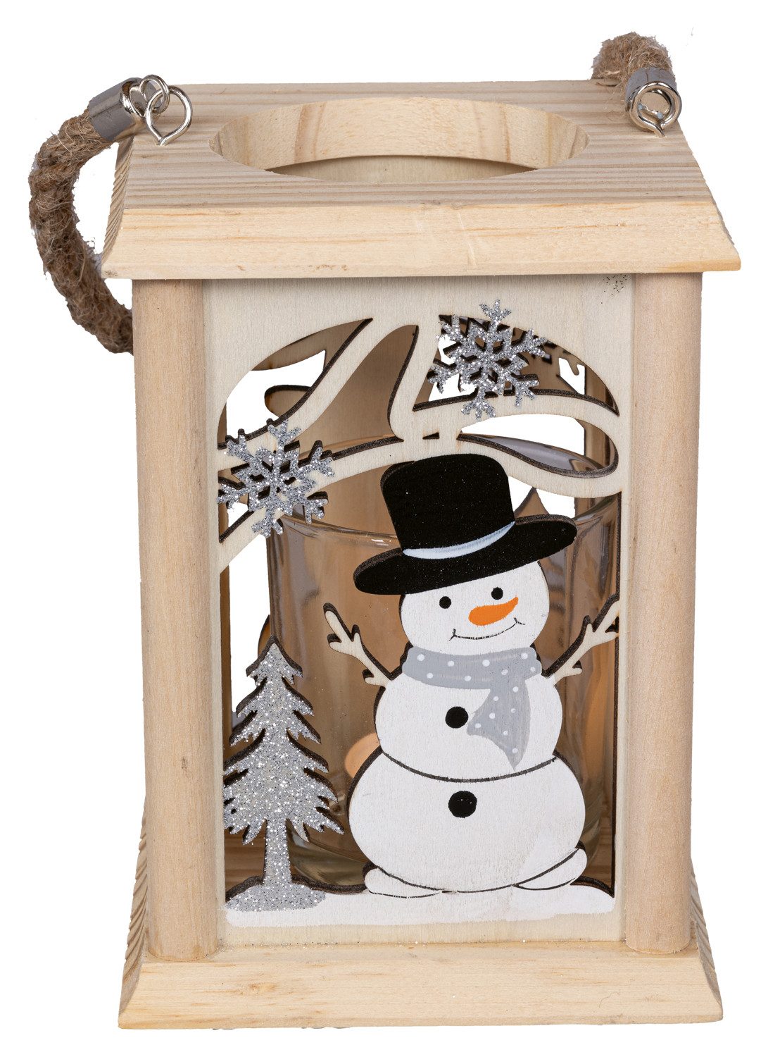 HGD Teelichthalter Holz-Laterne mit Glas-Teelichthalter - Schneemann-Motiv, günstig online kaufen