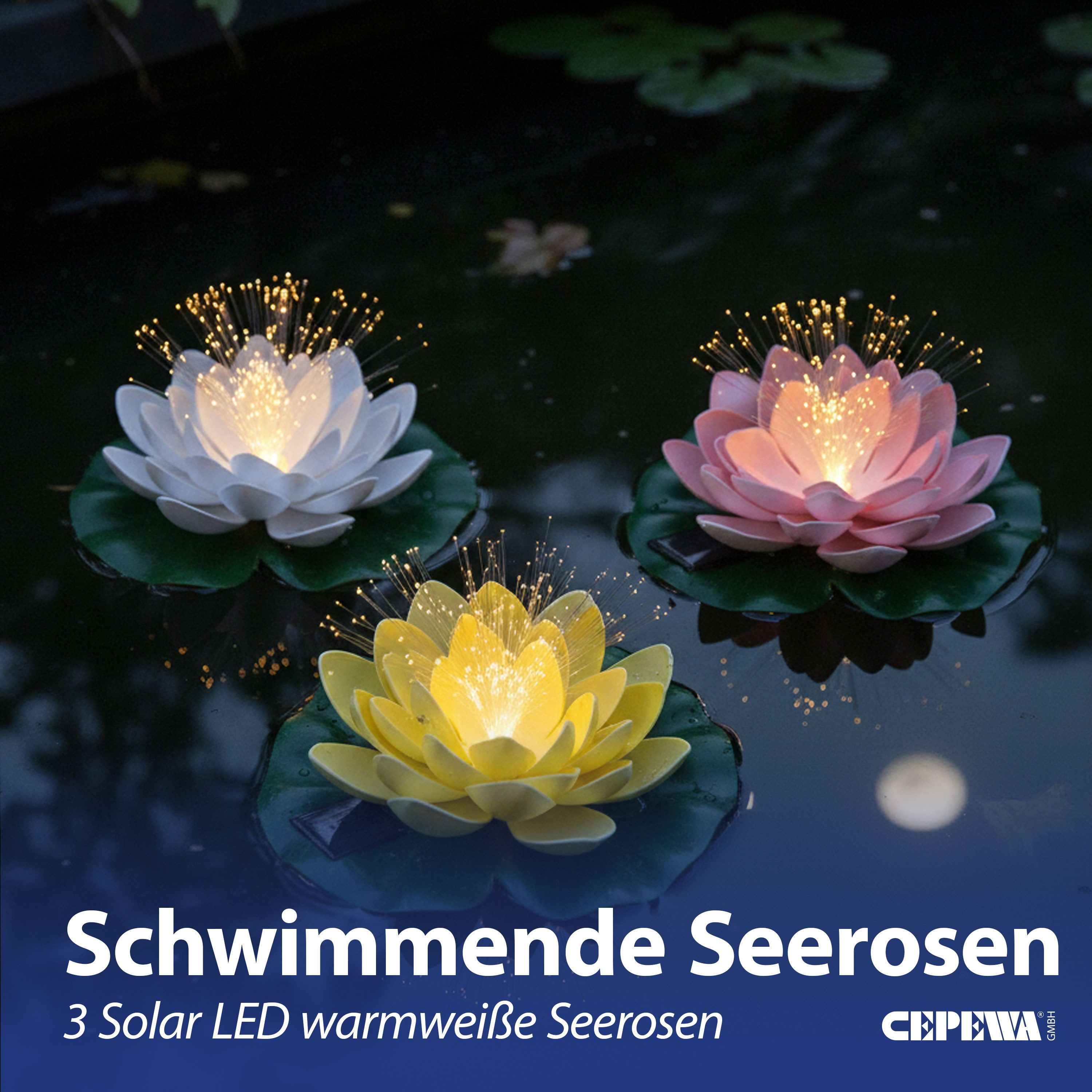 CEPEWA LED Dekolicht LED Seerose Solar 3er Set EVA PVC Ø17x6cm gelb weiß rosa schwimmend
