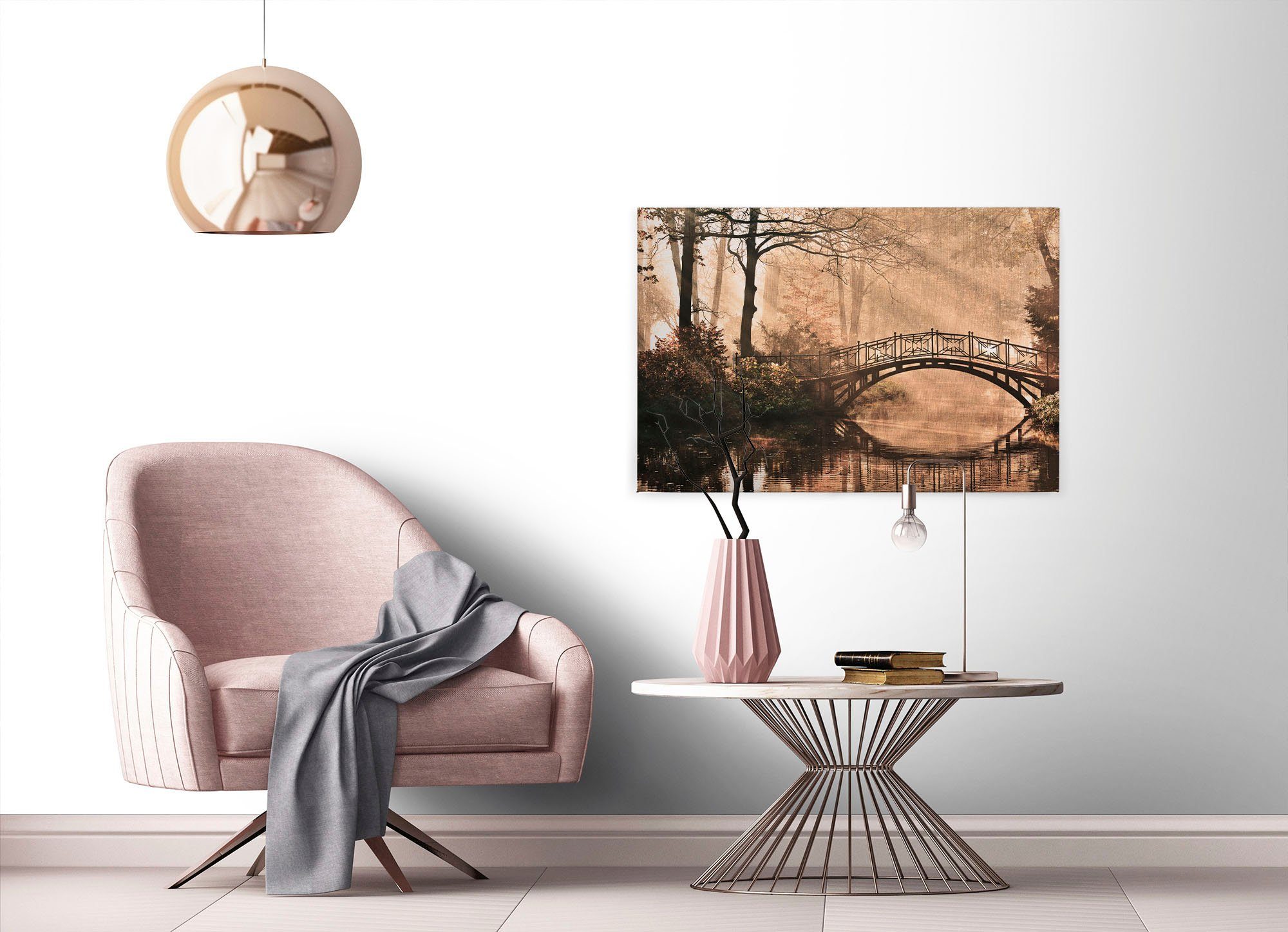 Création Leinwandbild Brücke A.S. Park Bridge, Keilrahmen braun mit St), Bild beige, Wald (1