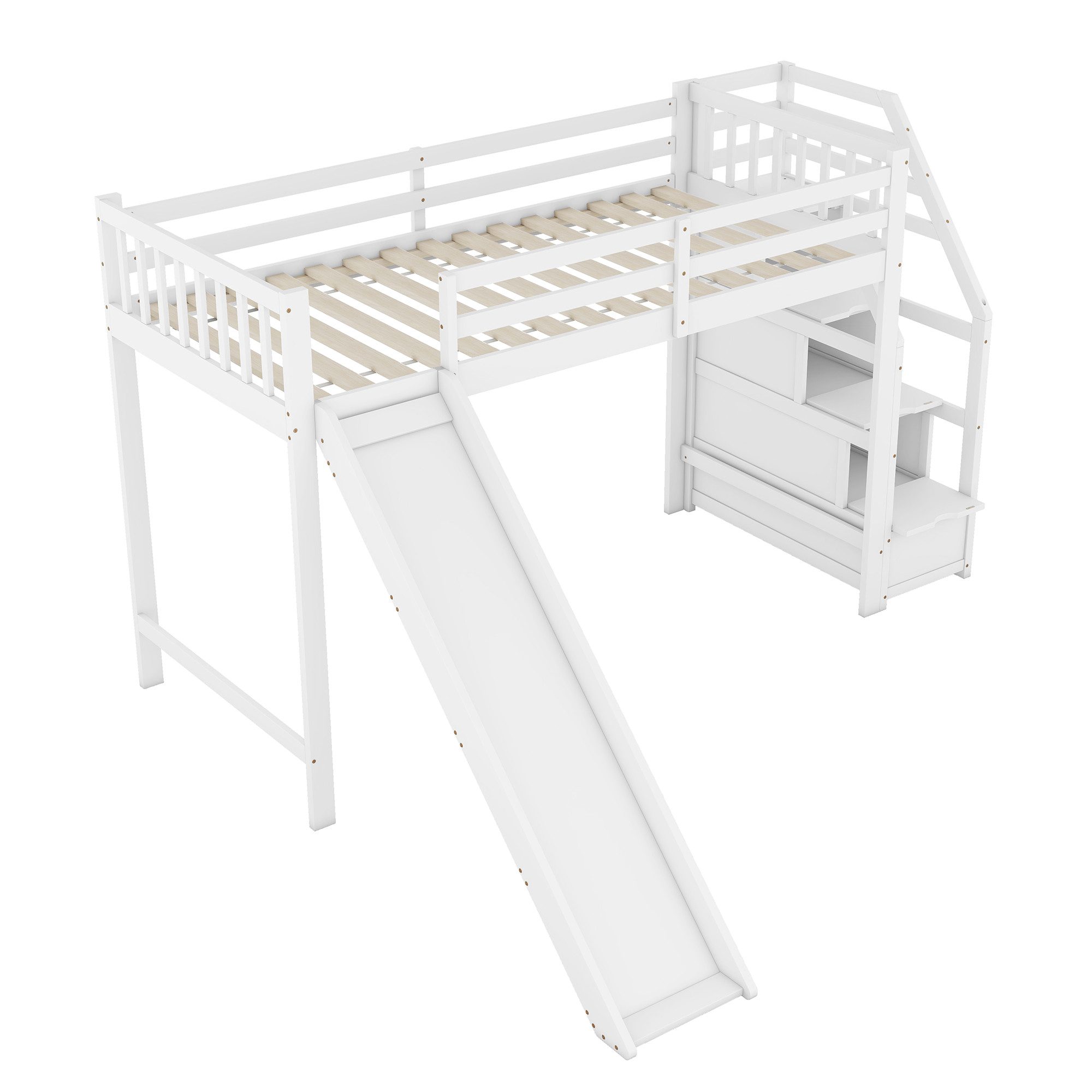EXTSUD Hochbett 90x200 cm – Kinderbett mit Rutsche, Ablageleiter, weiß – Bild 3 von 5