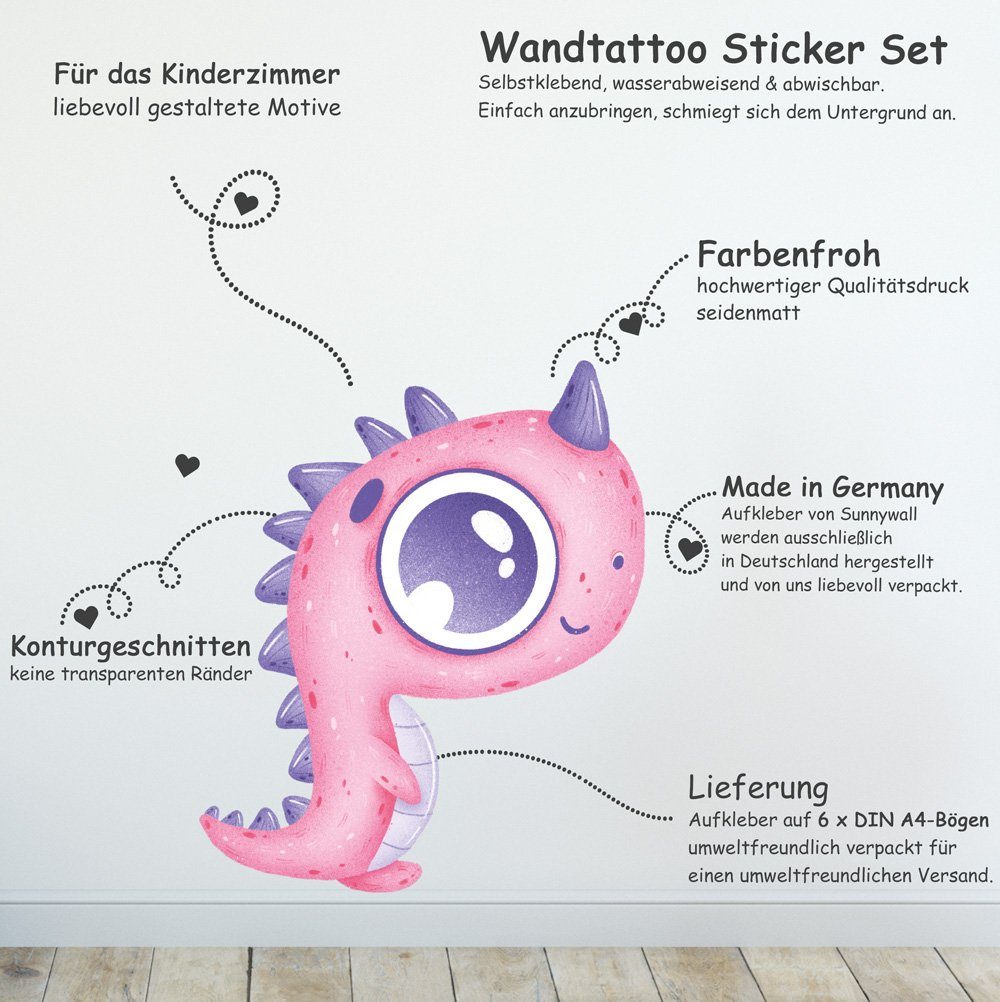 Sunnywall Wandtattoo Wandsticker - Dinosaurier Baby - Wandtattoo Kinder Wandaufkleber (6 St), konturgeschnitten