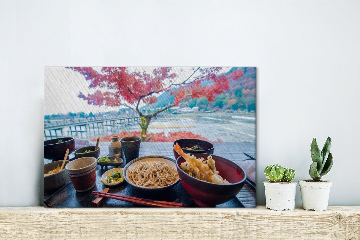 auf Leinwandbild Blütenbaum Leinwandbilder, von Tisch (1 cm mit St), Wandbild Blick Gerichten der, 30x20 Aufhängefertig, einem OneMillionCanvasses® einen Wanddeko,